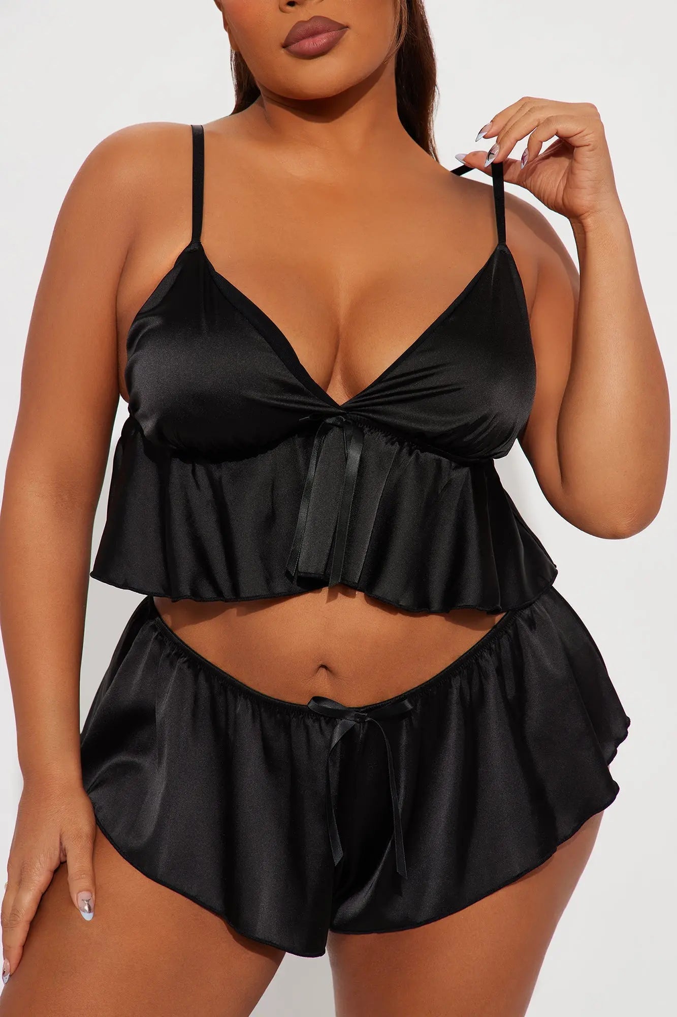 Lovely Romance Satin Cami Short 2 Piece Set - Black 