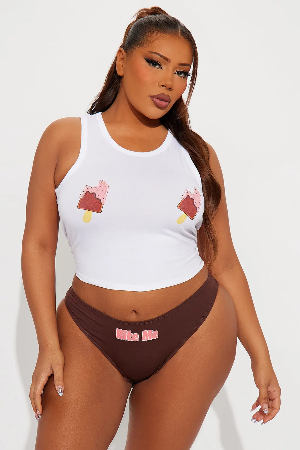 Just One Bite Cotton Tank And Panty 2 Piece Set - Brown 