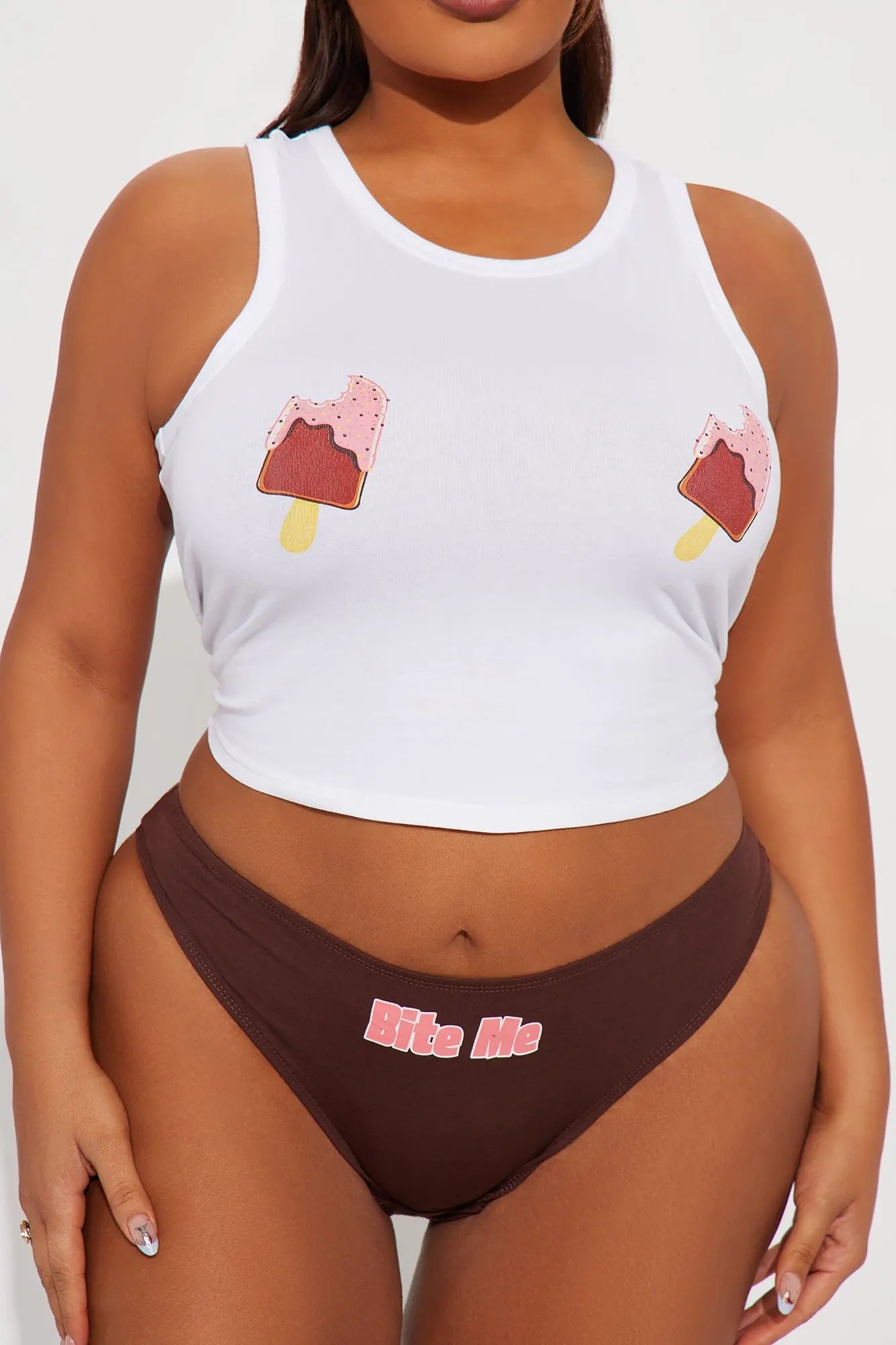 Just One Bite Cotton Tank And Panty 2 Piece Set - Brown 