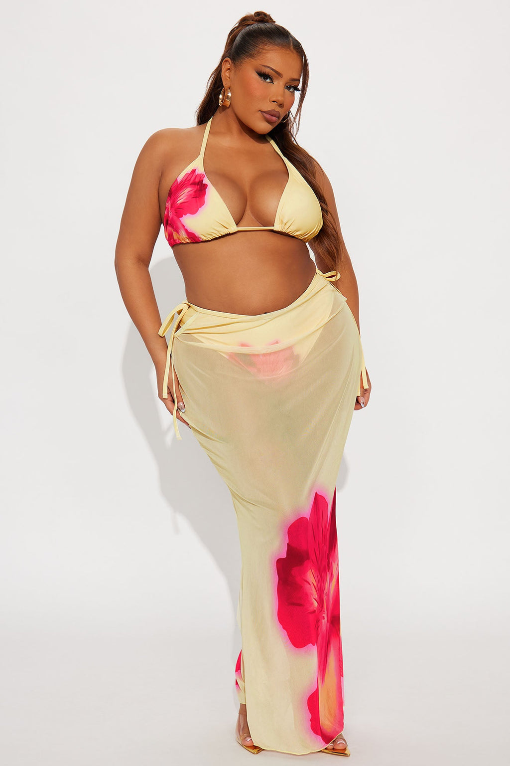 Kiana Flower Triangle 3 Piece Bikini & Maxi Skirt Set - Yellow/combo 