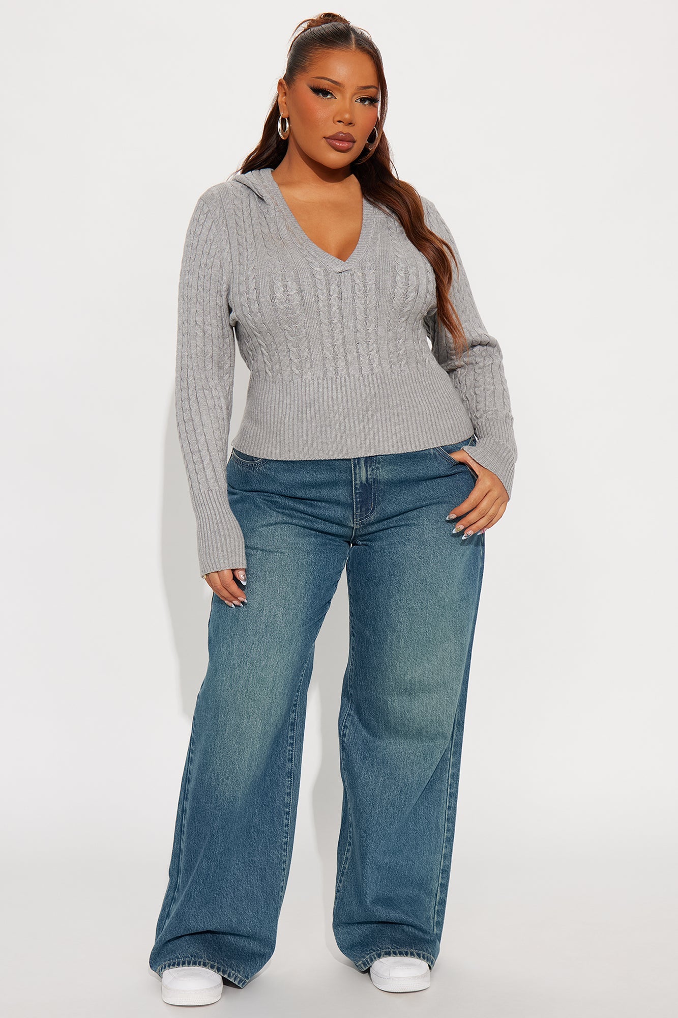 All Day Cable Knit Pullover Sweater - Grey