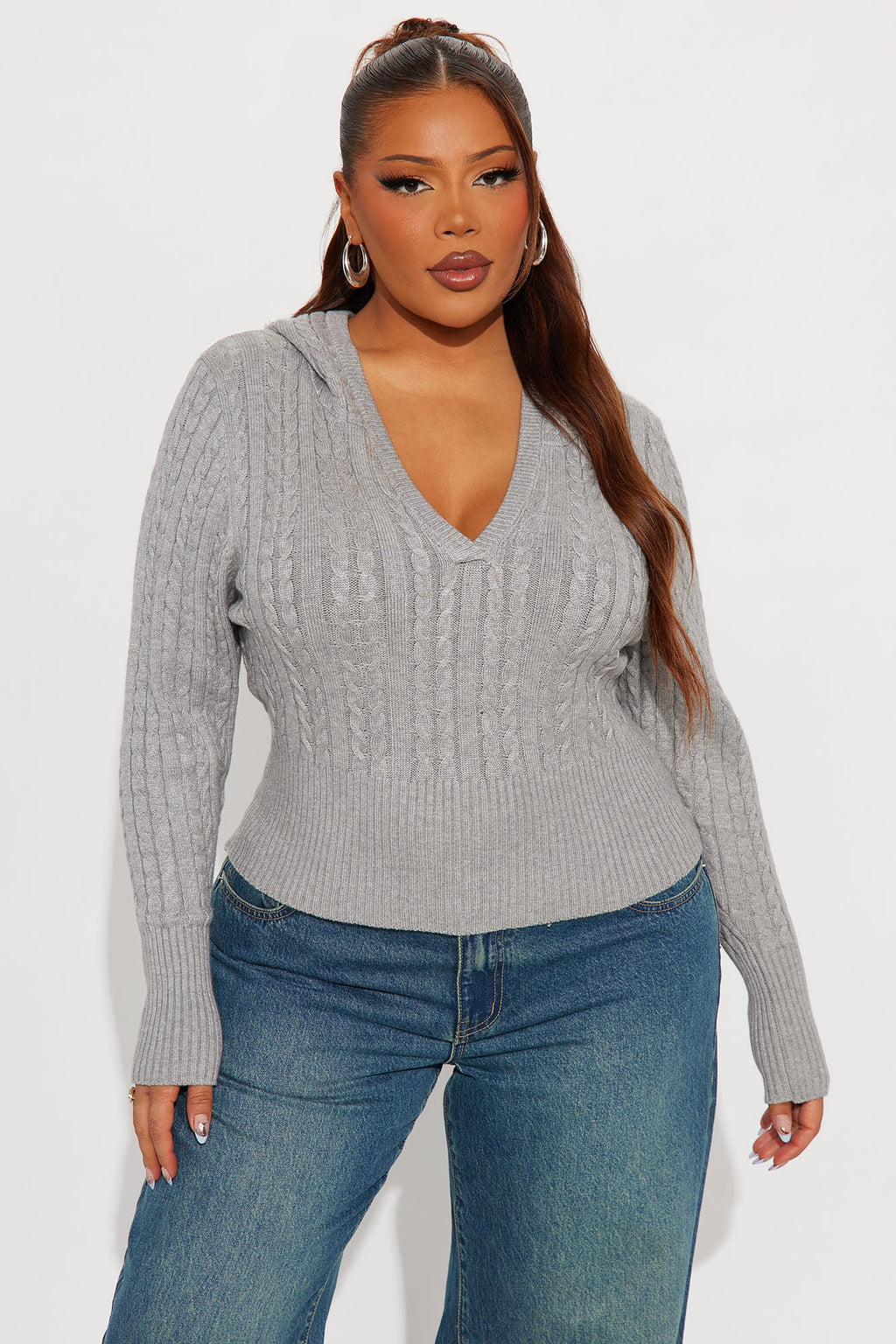 All Day Cable Knit Pullover Sweater - Grey
