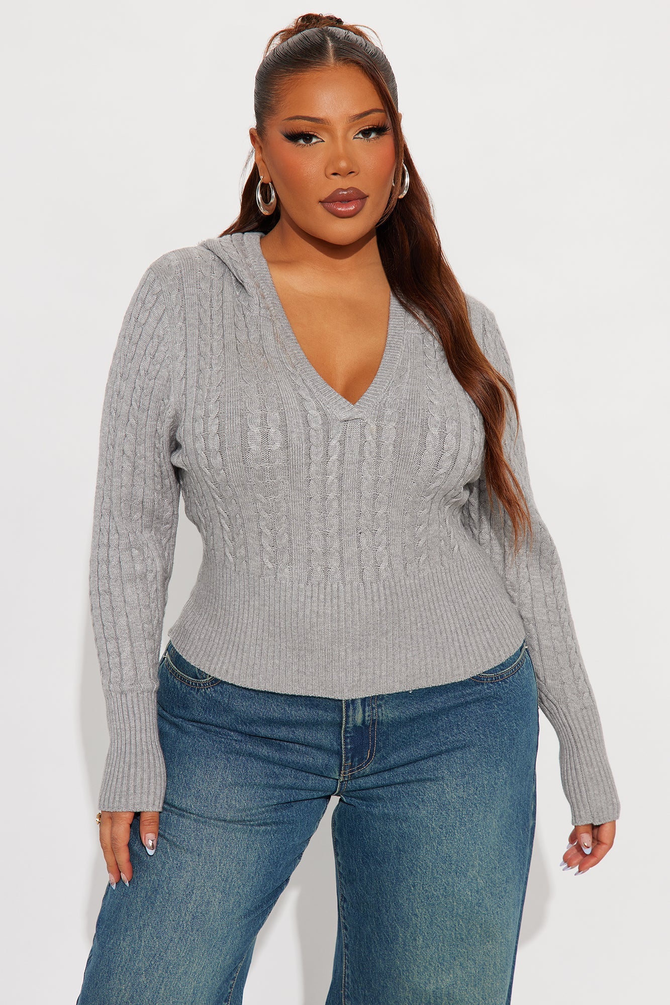 All Day Cable Knit Pullover Sweater - Grey