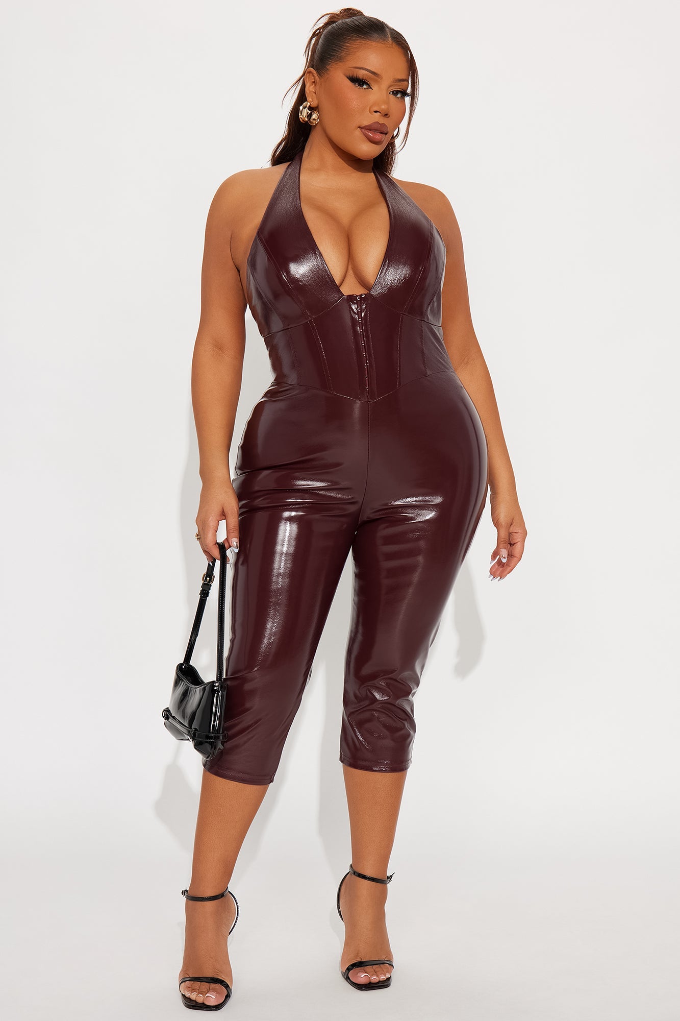 Georgina Faux Leather Capri Jumpsuit - Burgundy