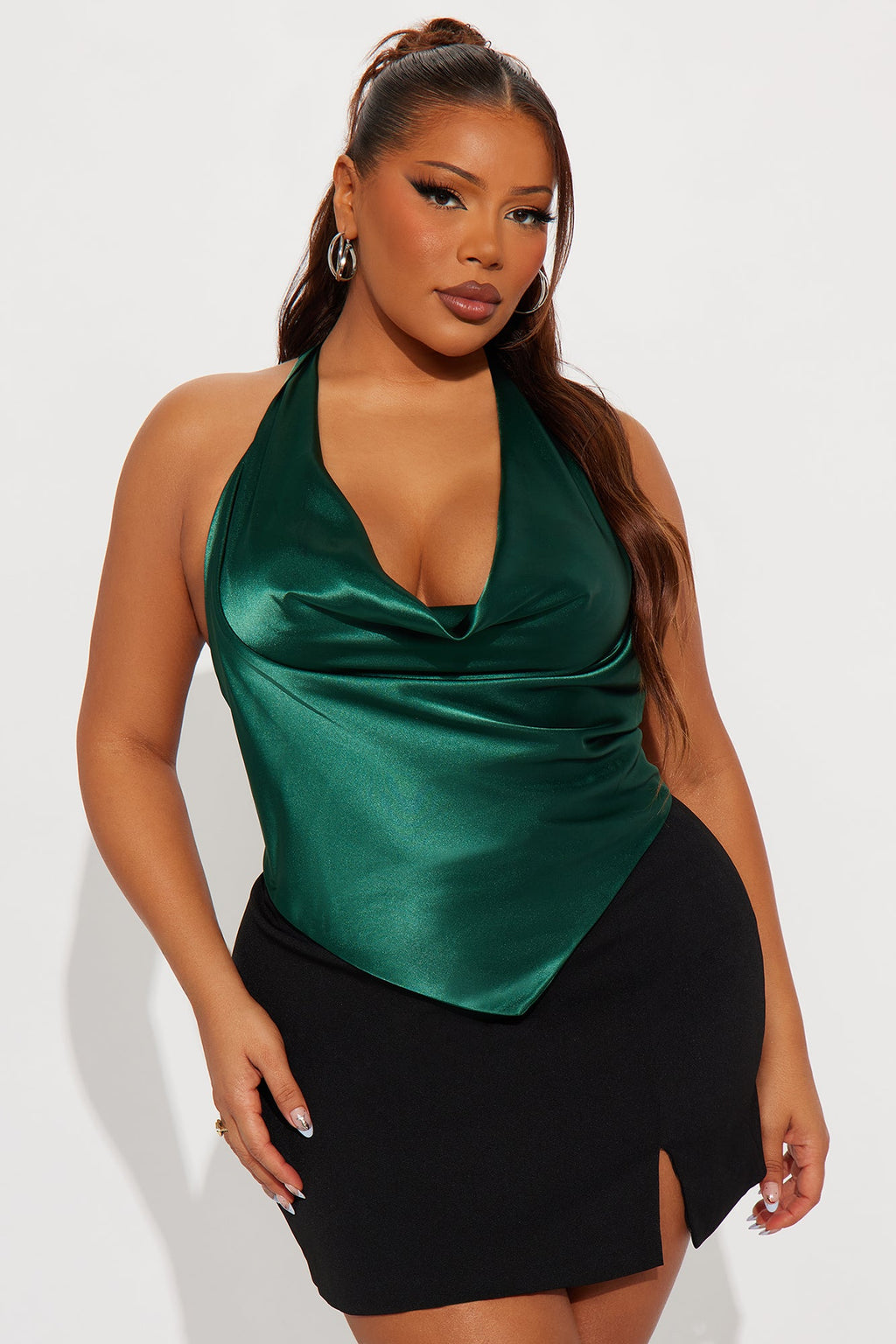 Cara Satin Cowl Neck Halter Top - Emerald
