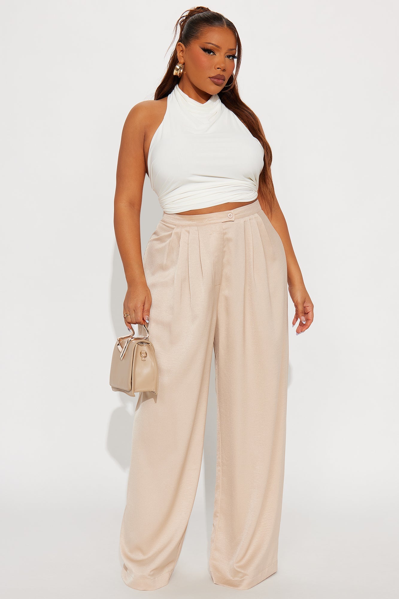 Stella Satin Wide Leg Trouser Pant 33 - Champagne