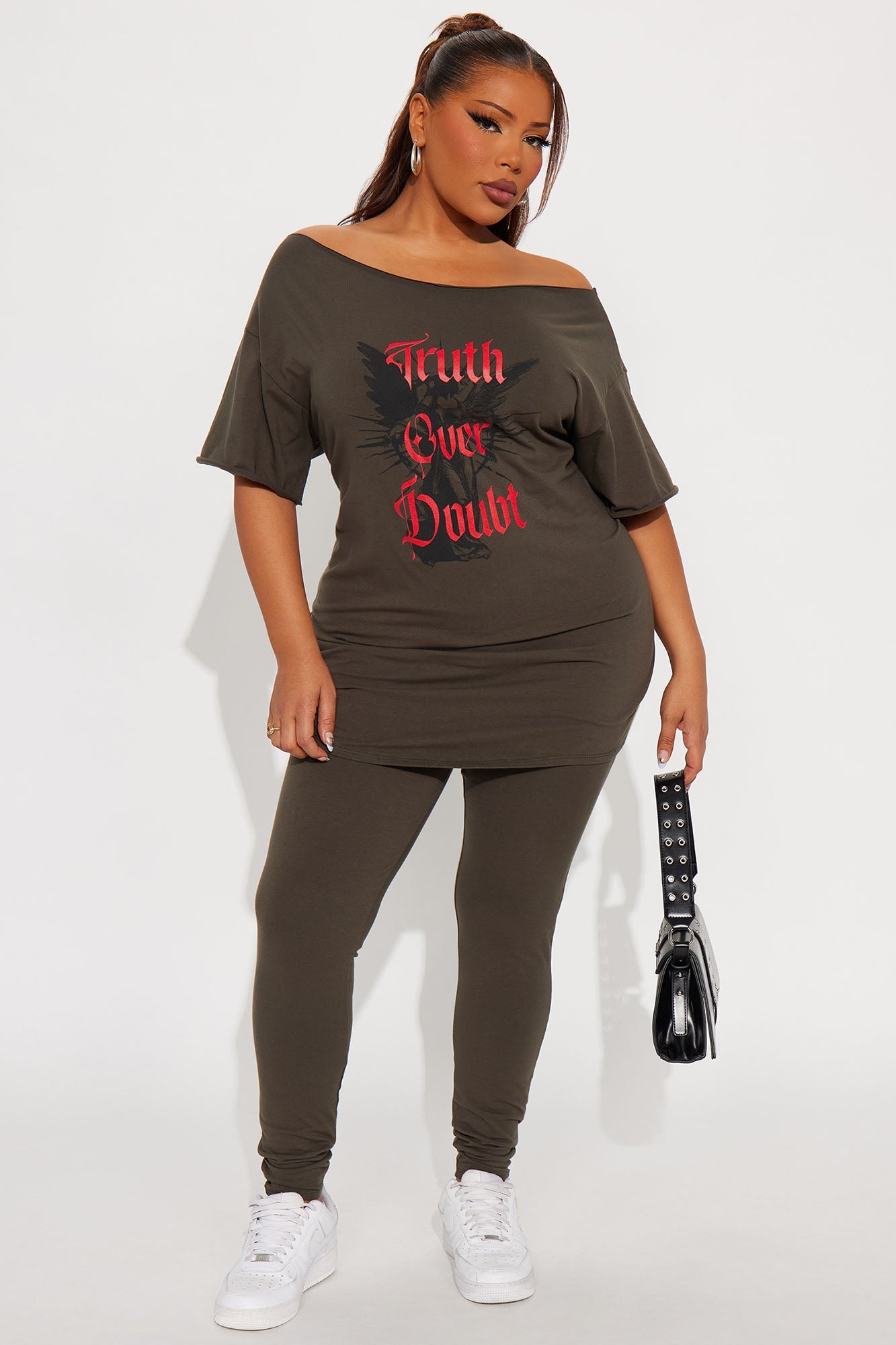 Truth Over Doubt Off Shoulder Legging Set - Olive