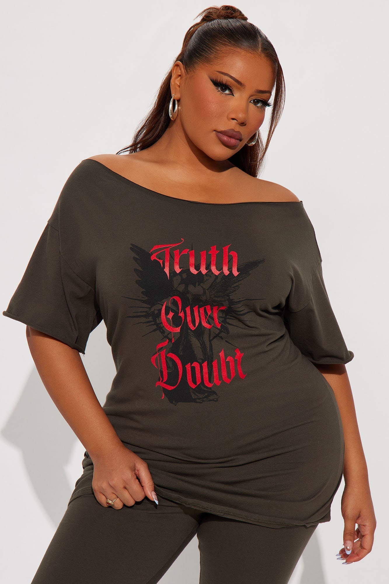 Truth Over Doubt Off Shoulder Legging Set - Olive