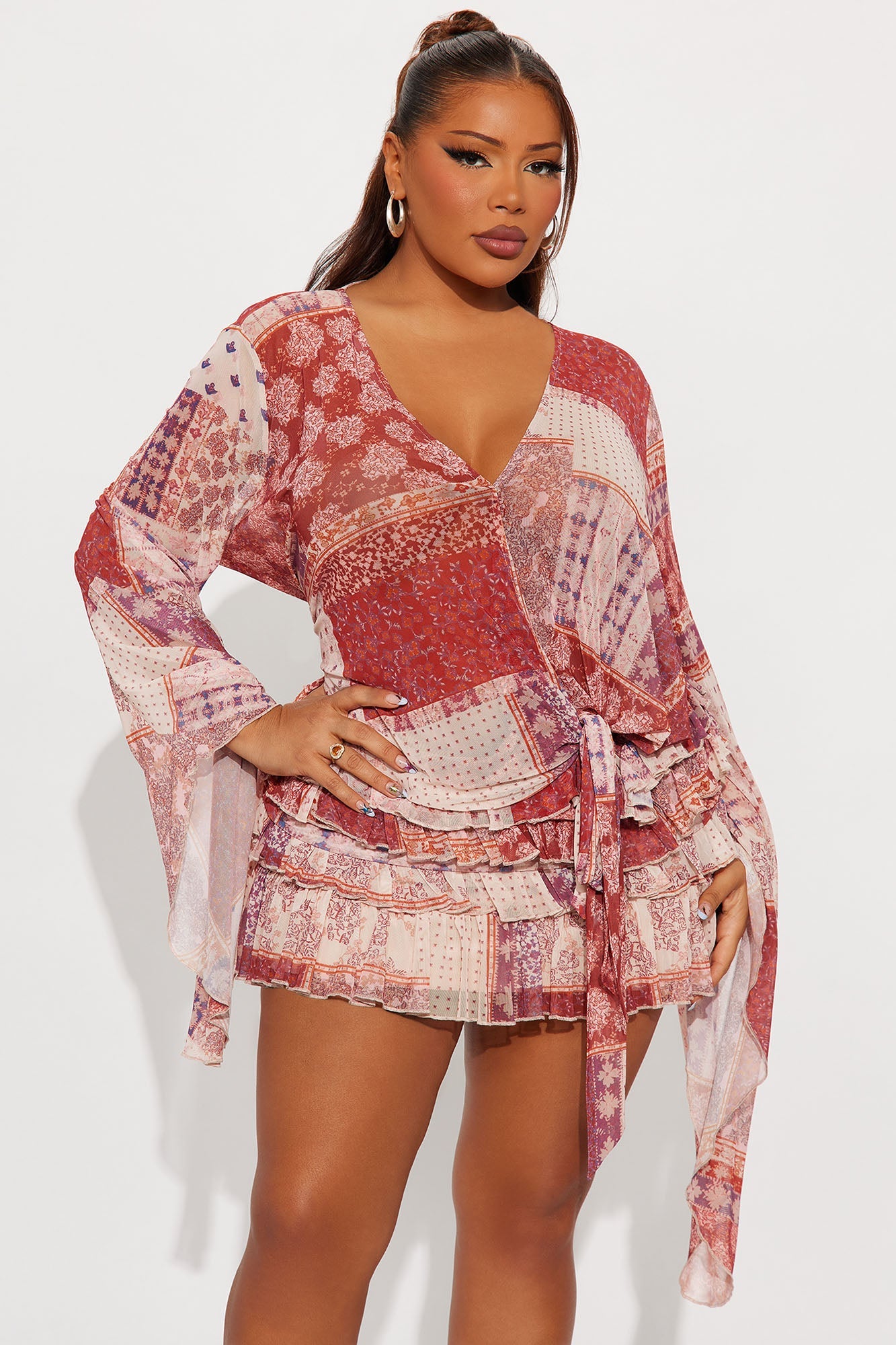 Raya Mesh Paisley Mini Dress - Red/combo