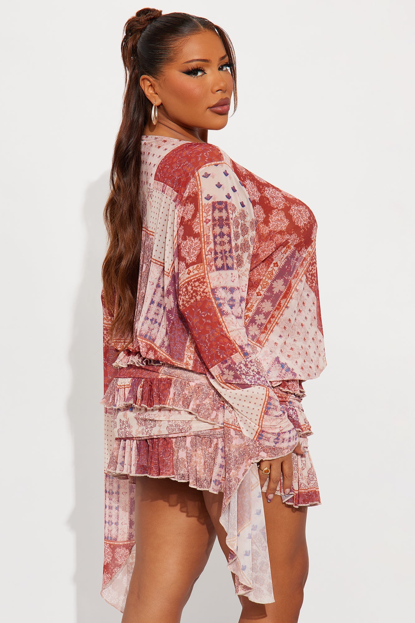 Raya Mesh Paisley Mini Dress - Red/combo