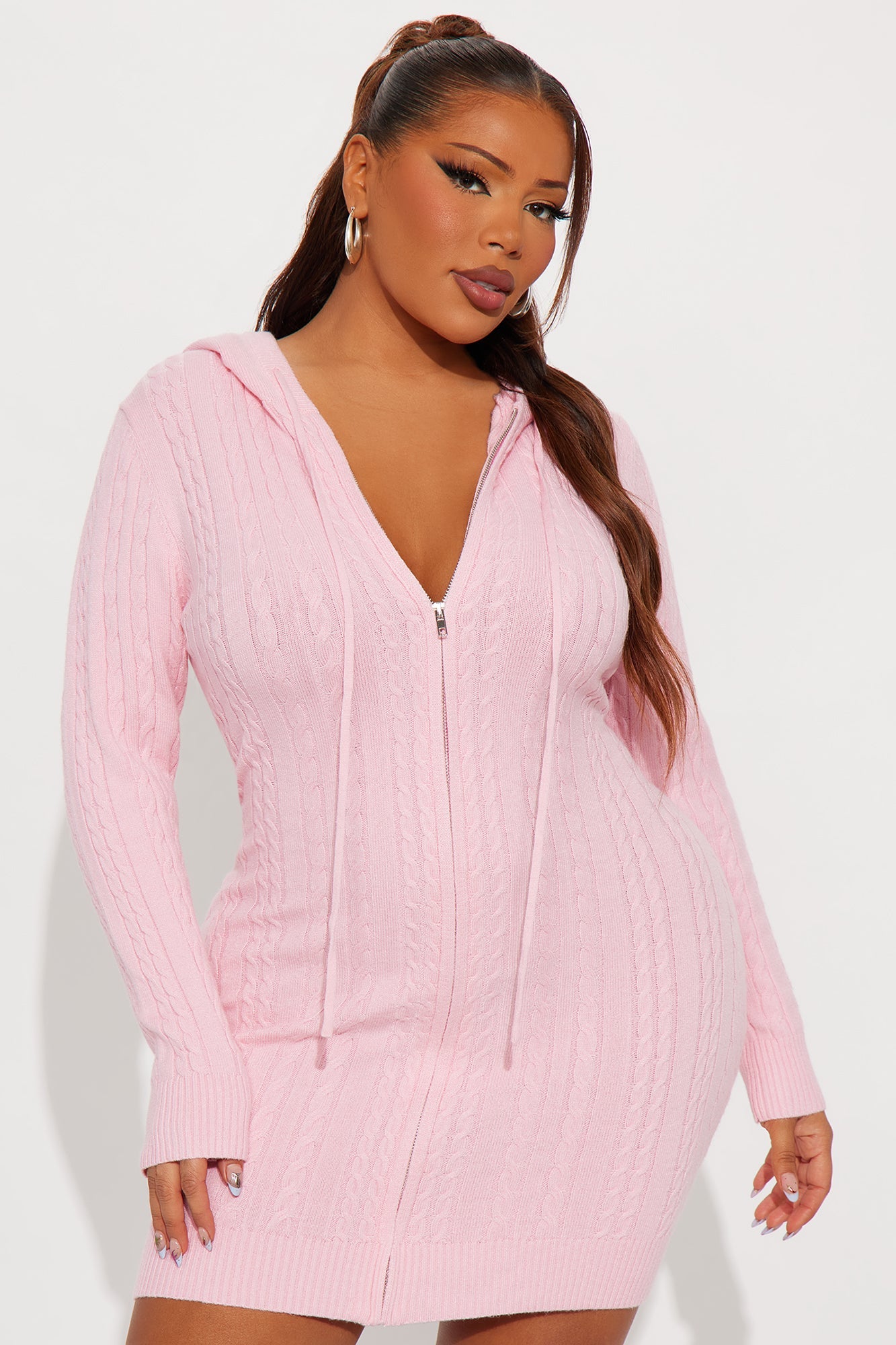 Leslie Cable Knit Sweater Mini Dress - Pink