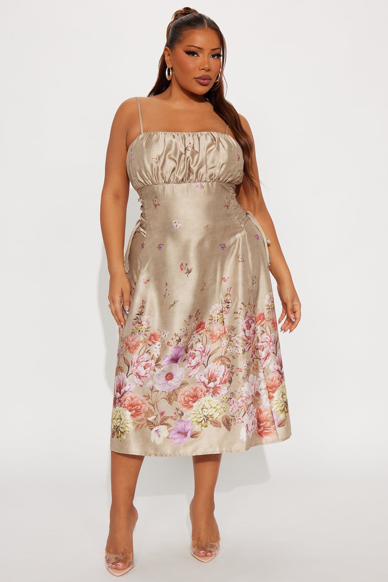 Selene Floral Satin Midi Dress - Brown