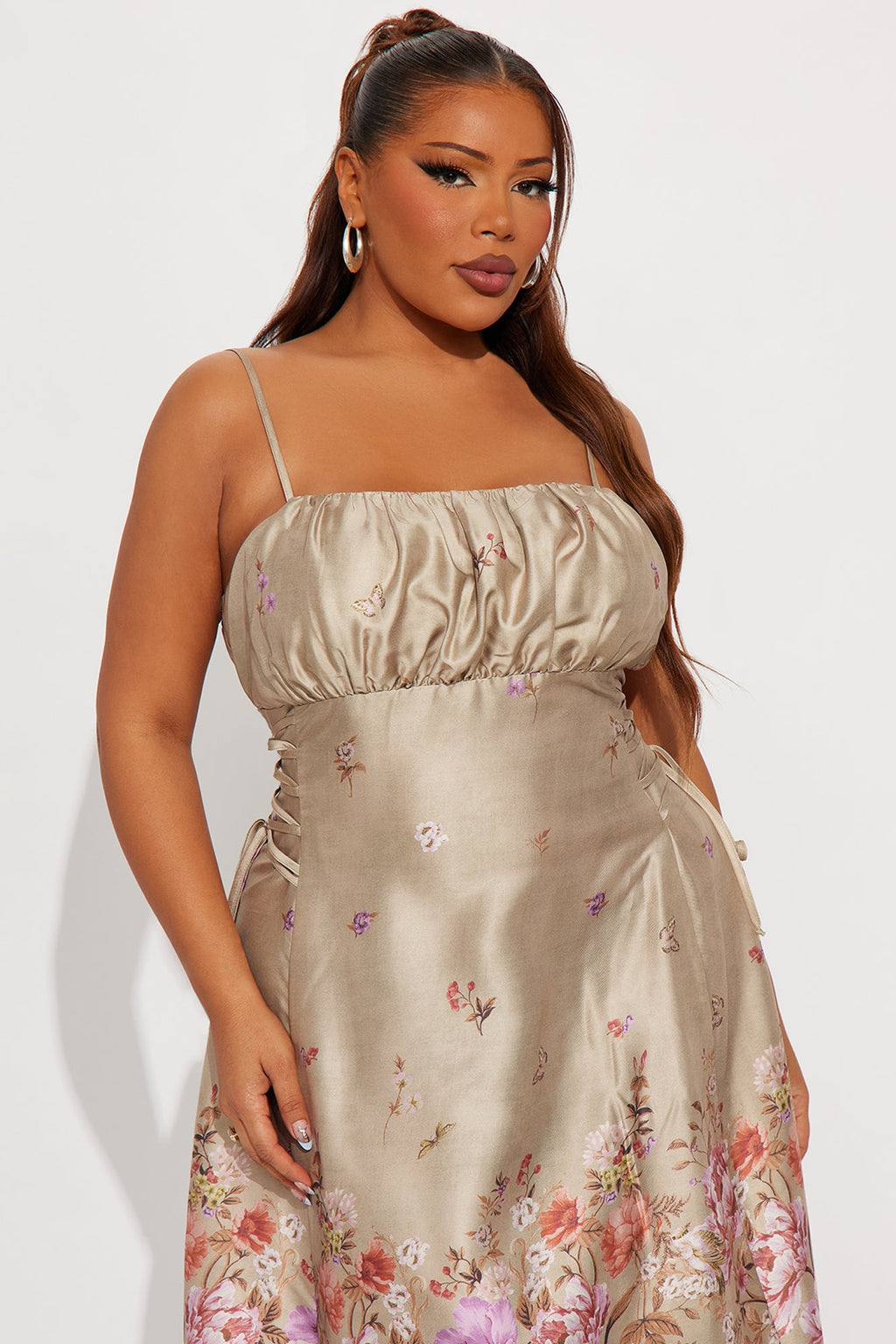 Selene Floral Satin Midi Dress - Brown