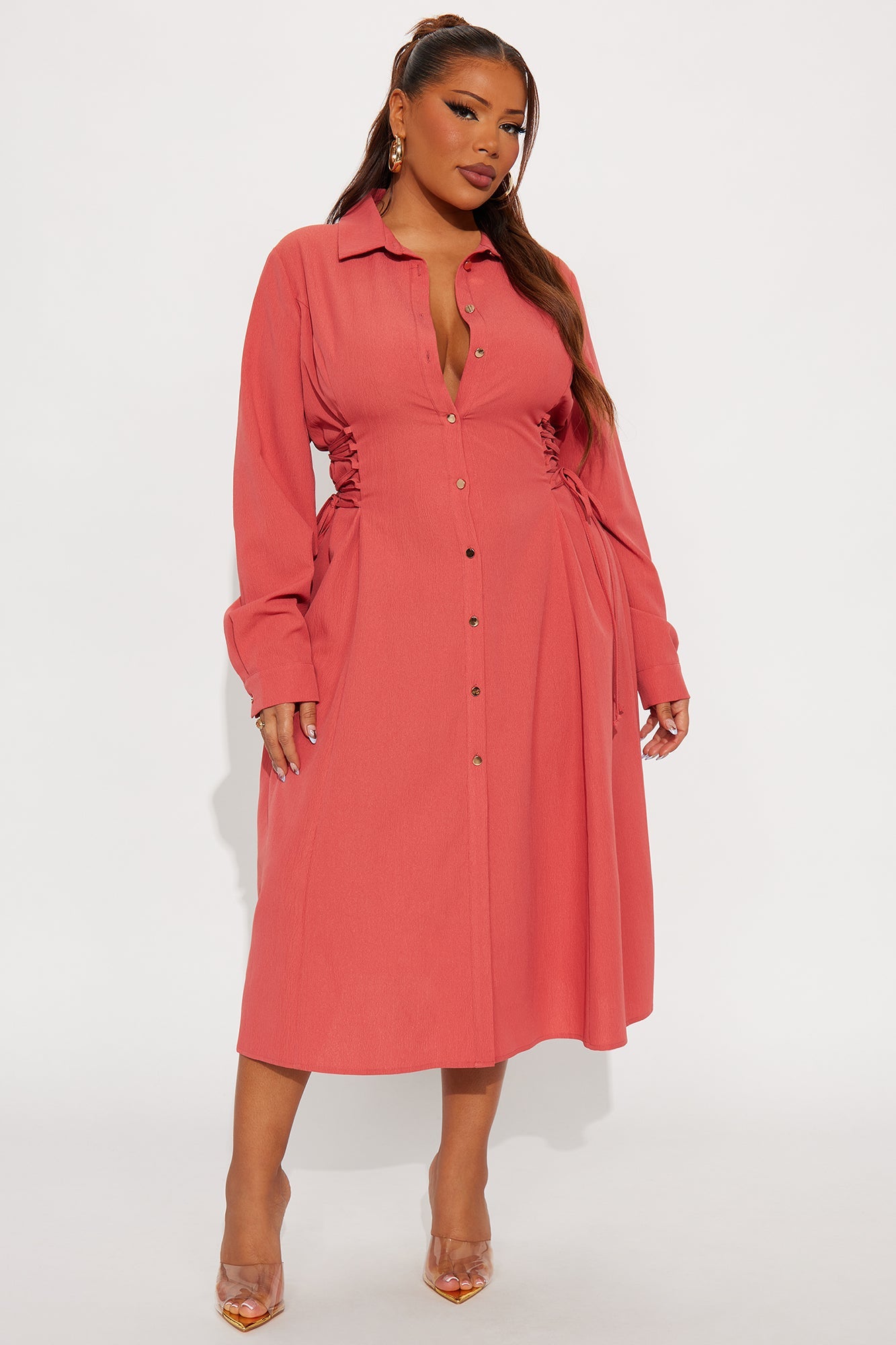 Josephine Collar Long Sleeve Midi Dress - Marsala