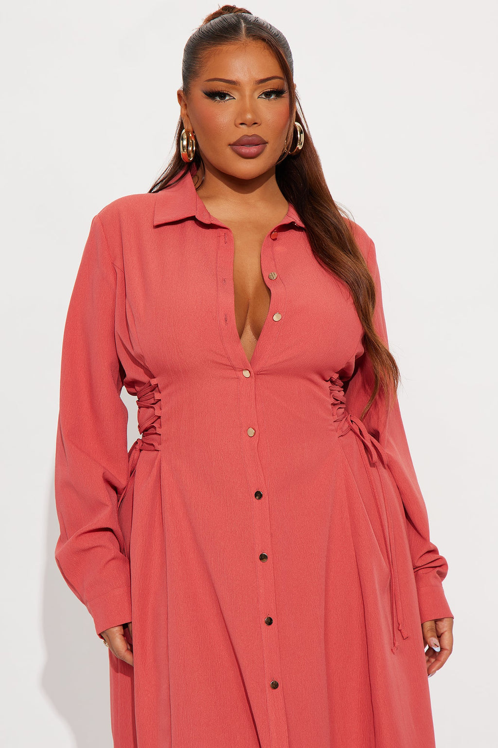 Josephine Collar Long Sleeve Midi Dress - Marsala