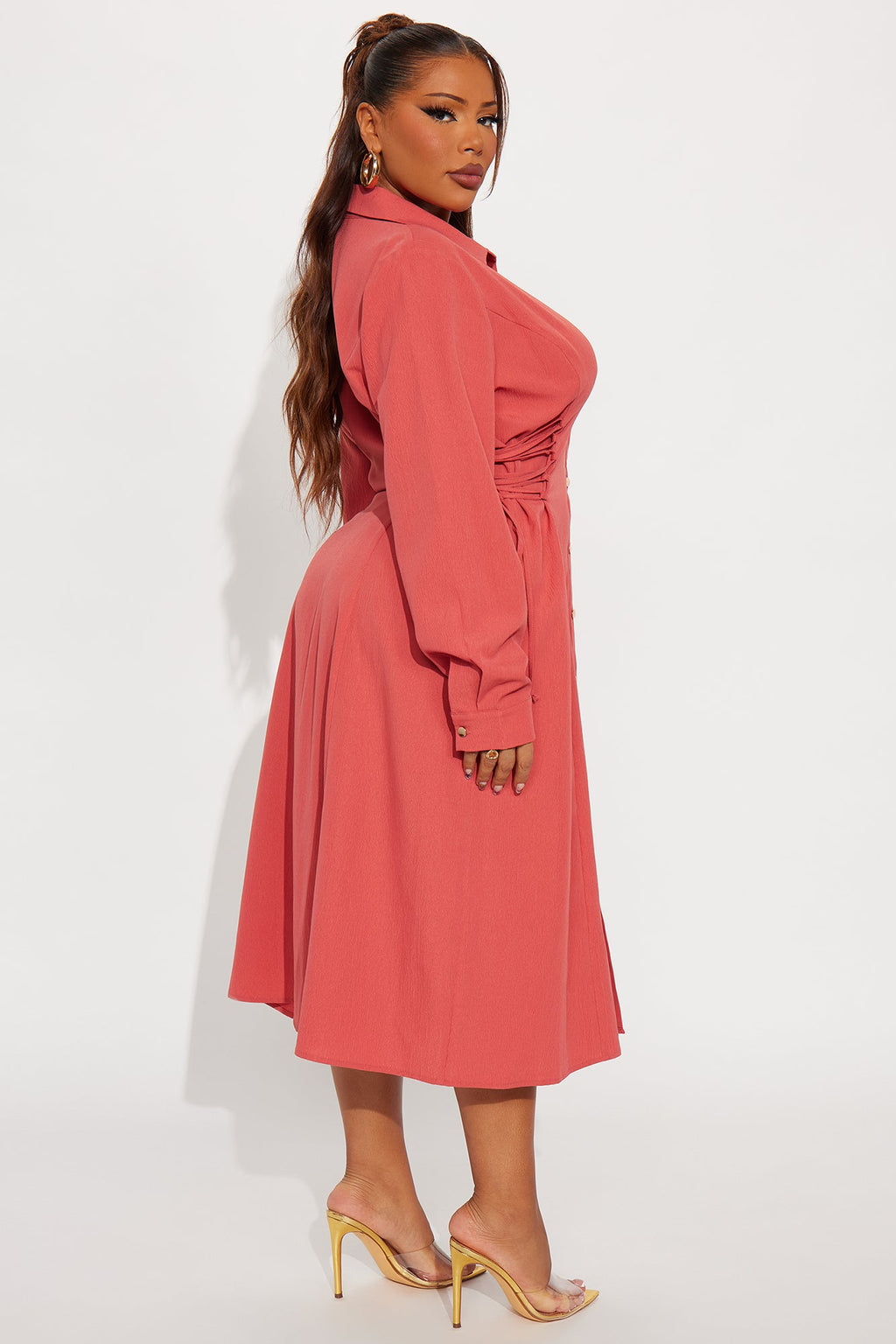 Josephine Collar Long Sleeve Midi Dress - Marsala