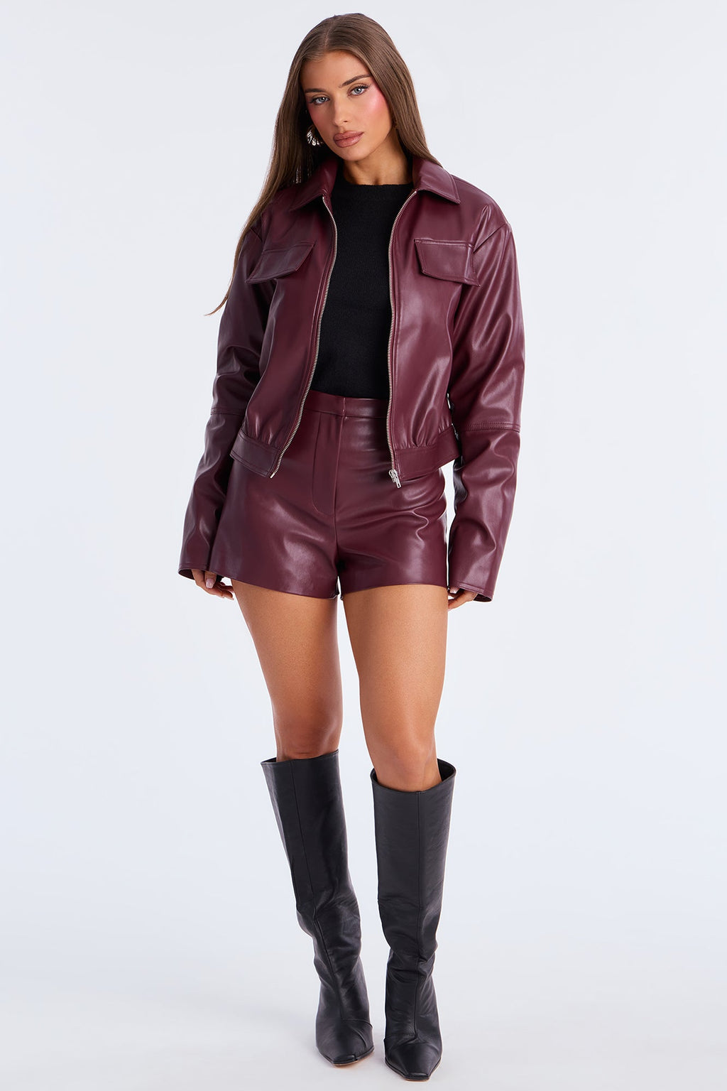 Cora Faux Leather Jacket Short Set - Burgundy 