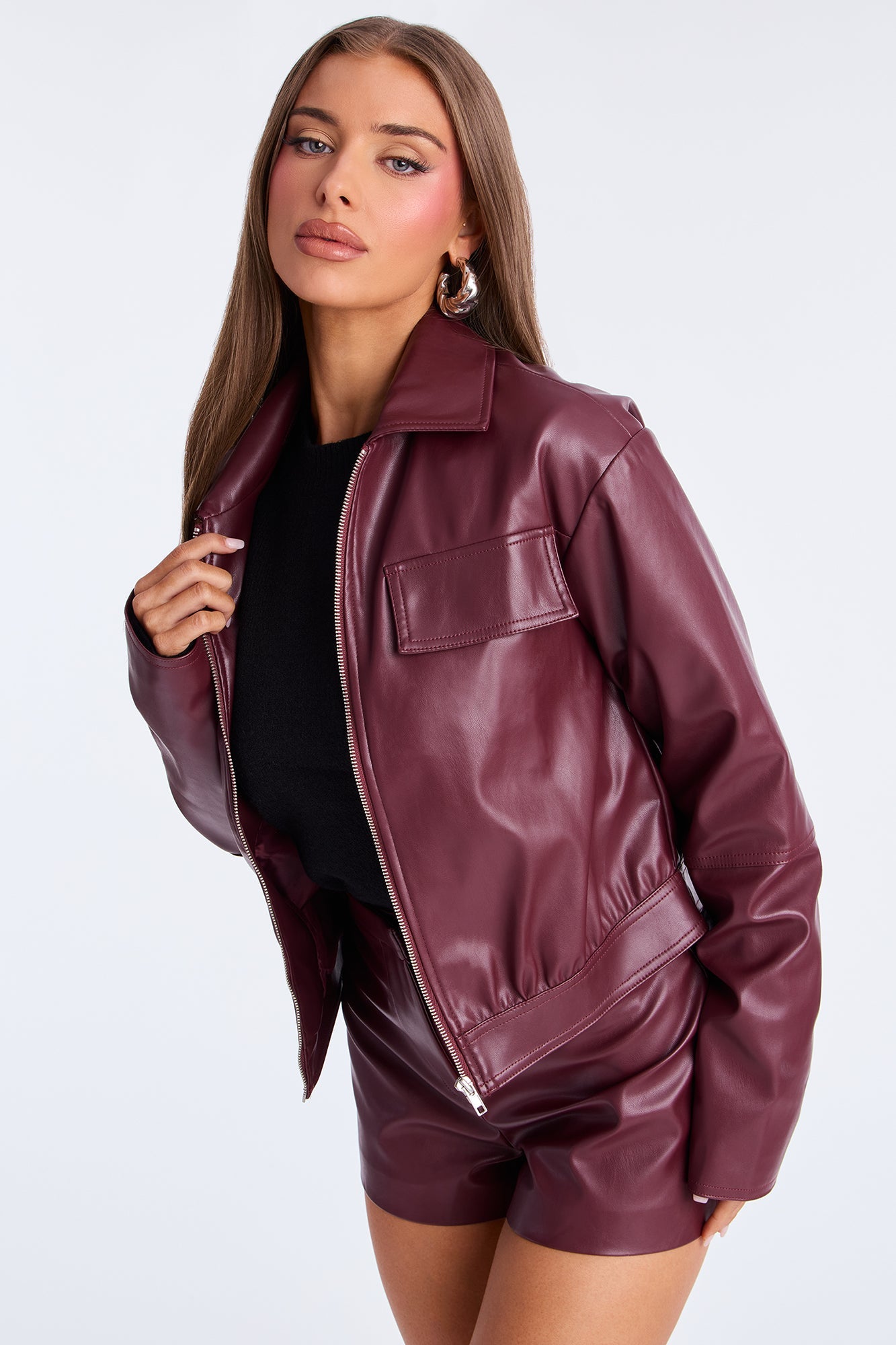 Cora Faux Leather Jacket Short Set - Burgundy 