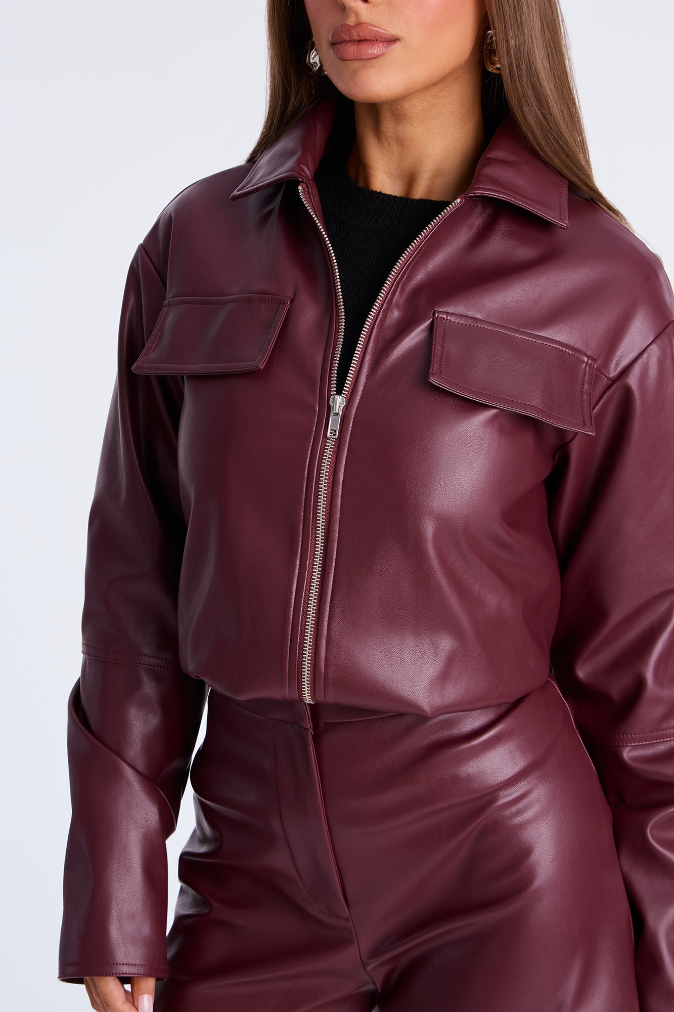 Cora Faux Leather Jacket Short Set - Burgundy 