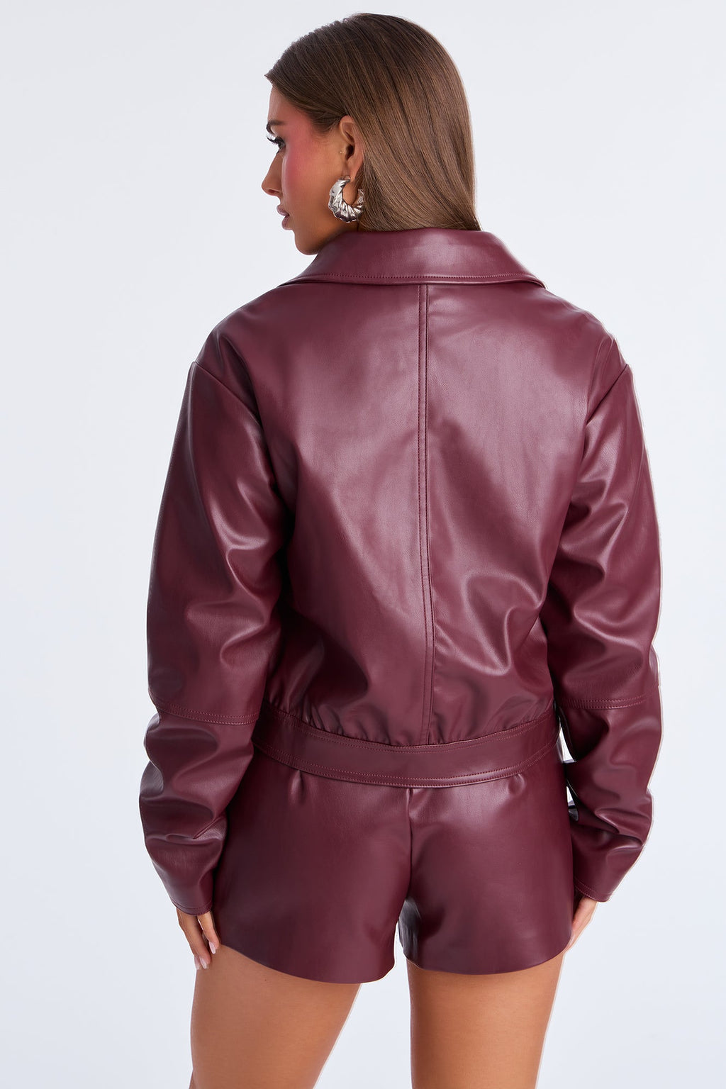 Cora Faux Leather Jacket Short Set - Burgundy 