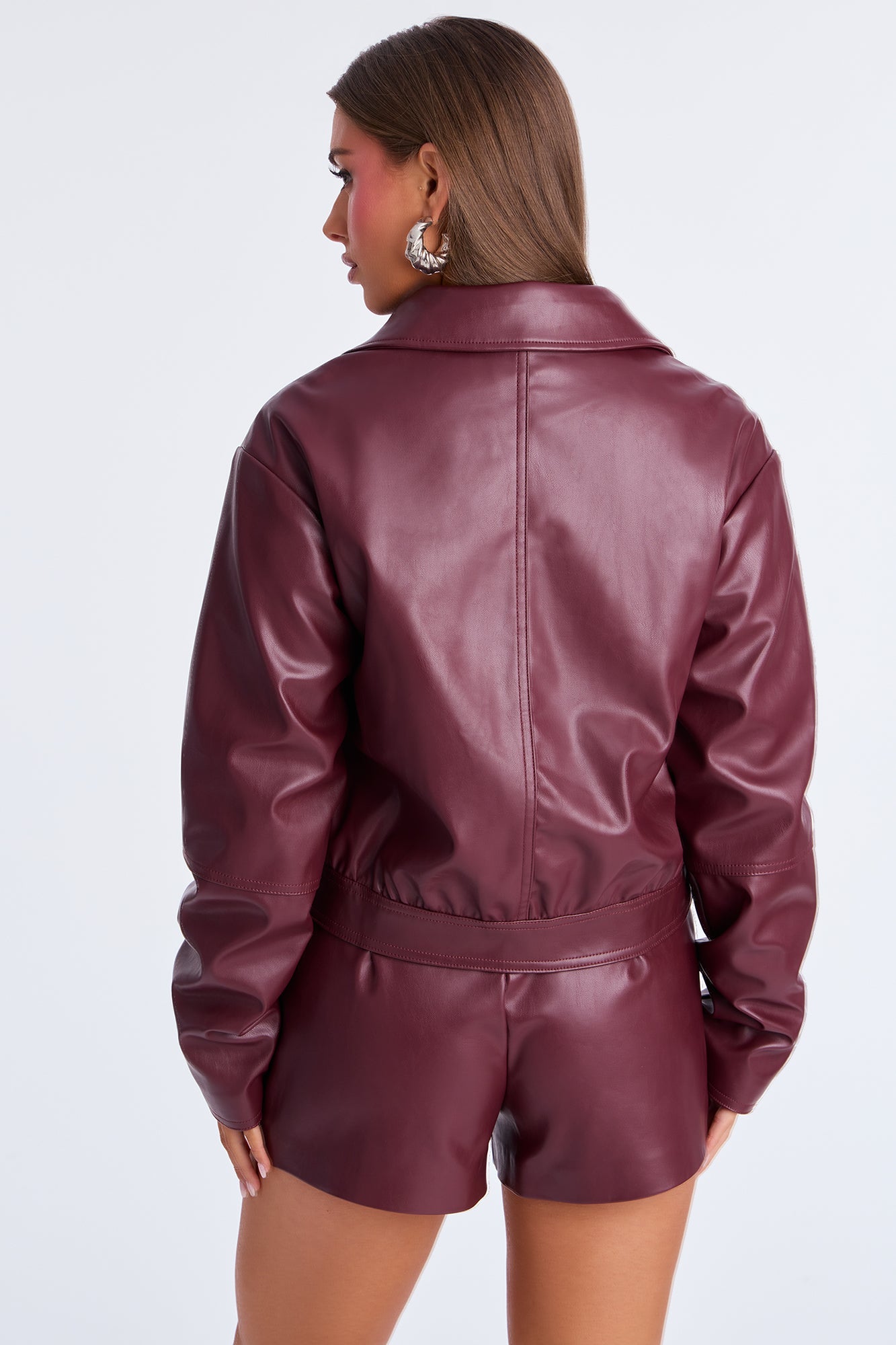 Cora Faux Leather Jacket Short Set - Burgundy 