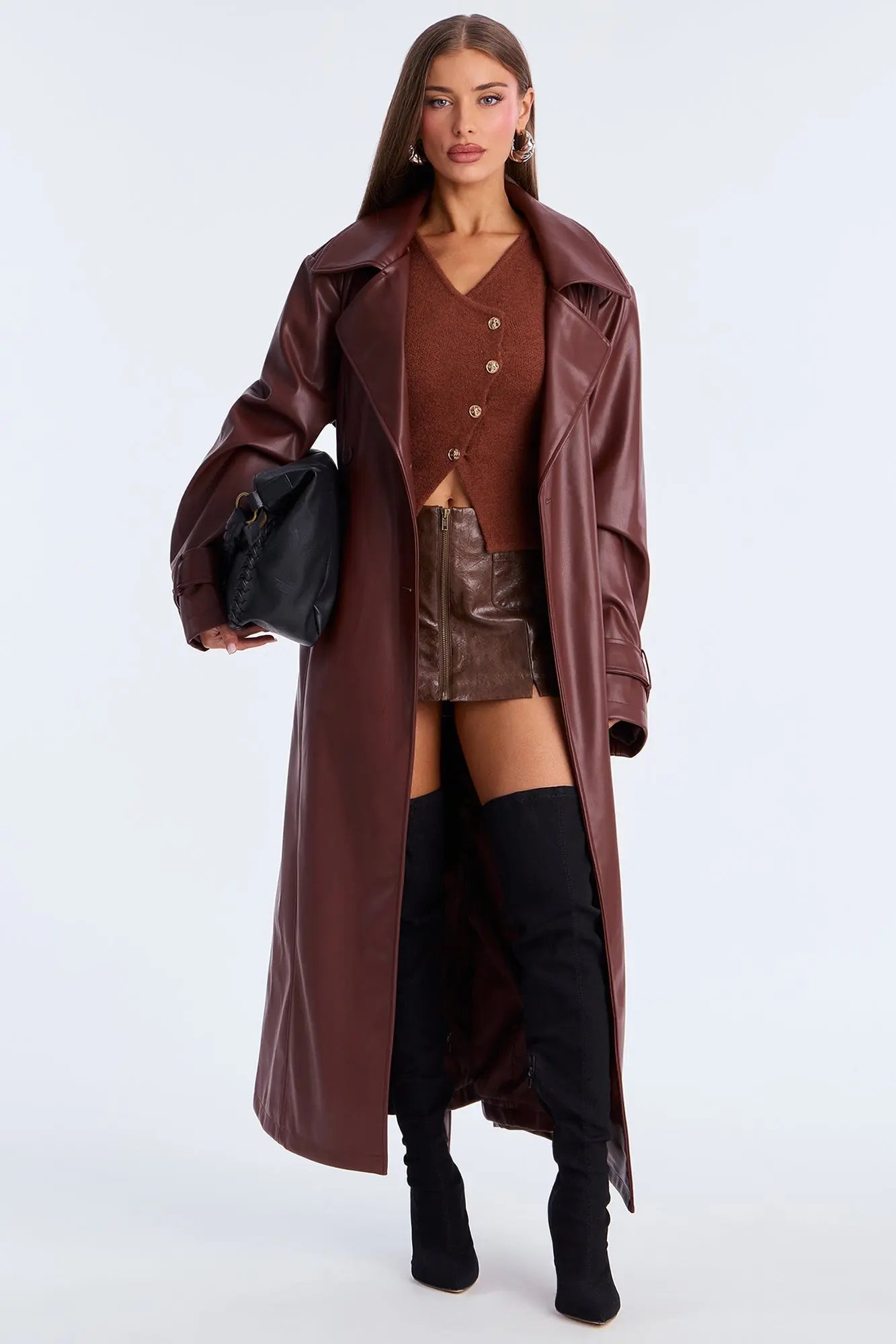 Power Moves Faux Leather Trench - Chocolate 