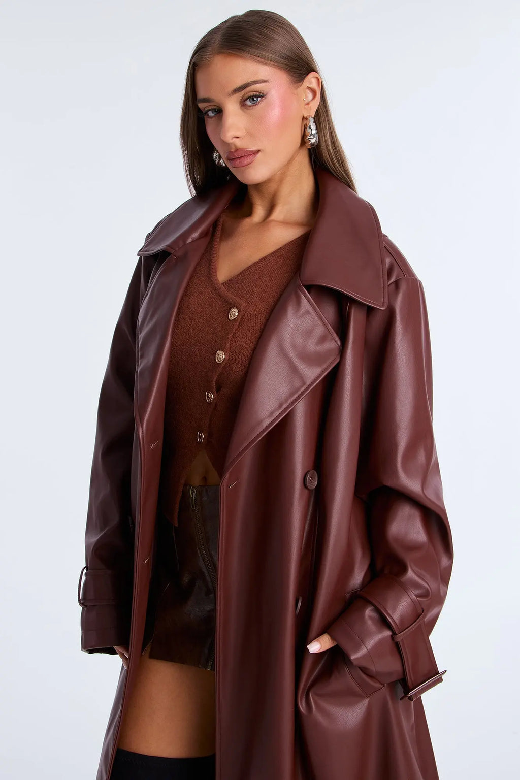 Power Moves Faux Leather Trench - Chocolate 