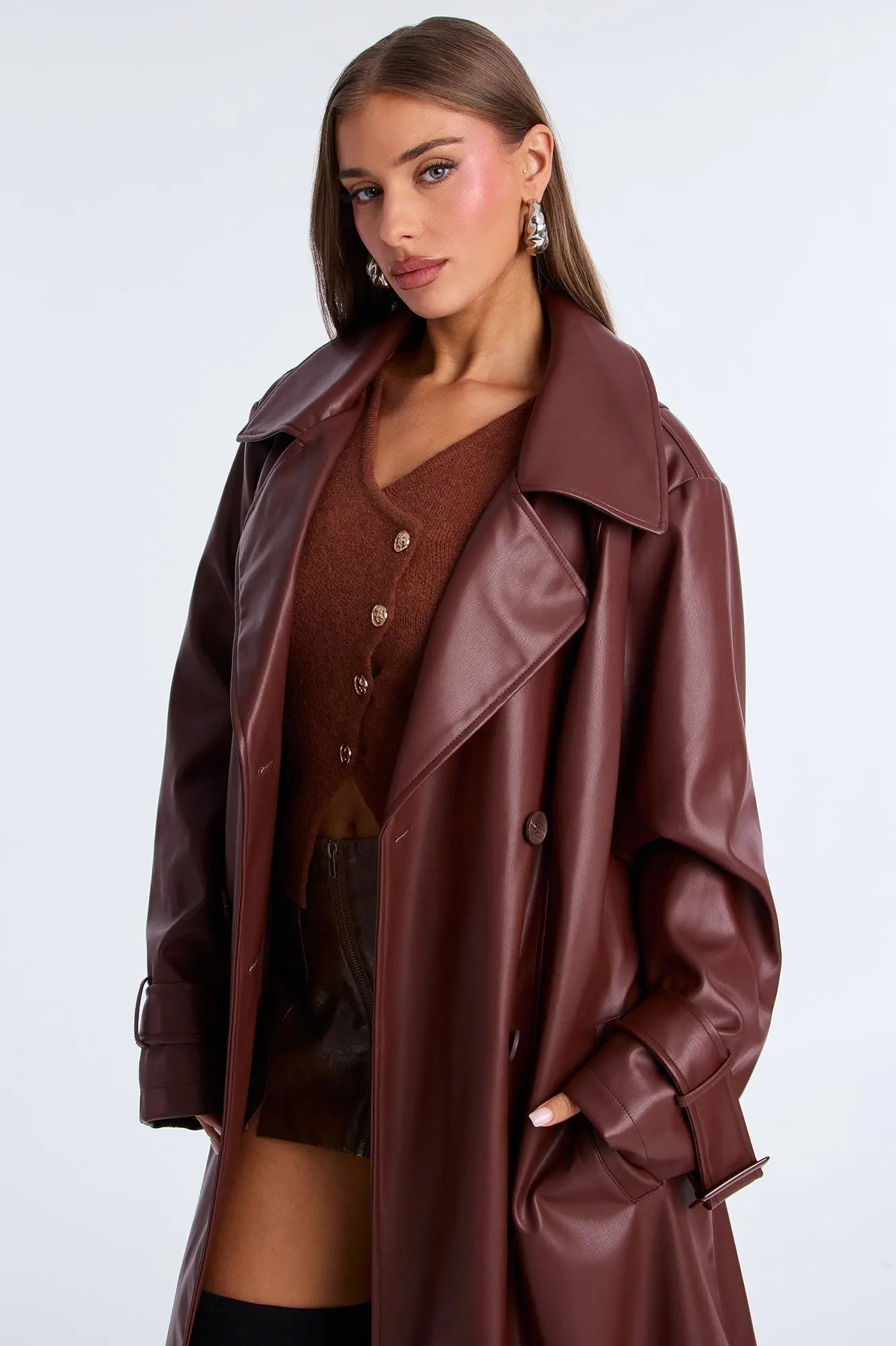 Power Moves Faux Leather Trench - Chocolate 