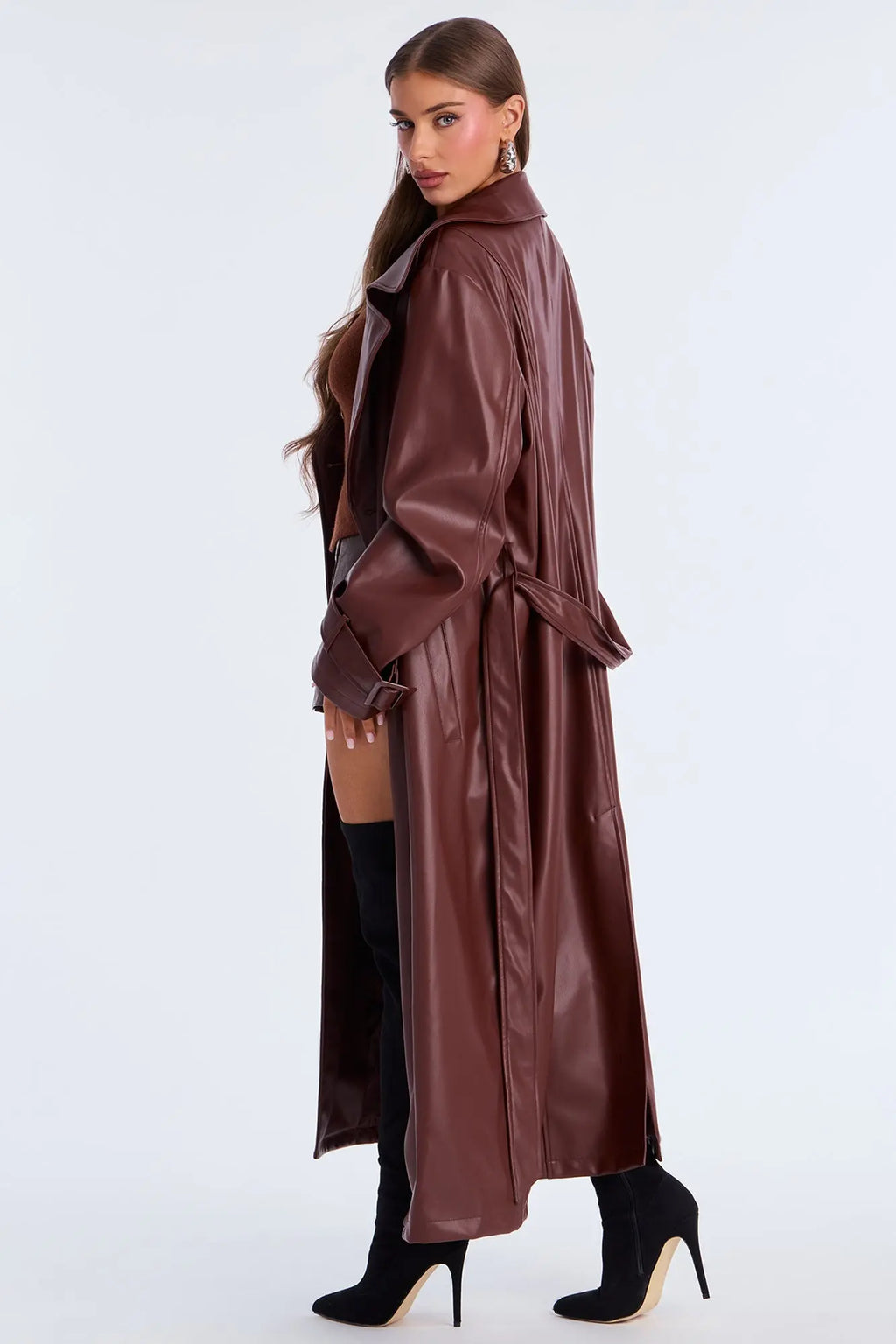 Power Moves Faux Leather Trench - Chocolate 