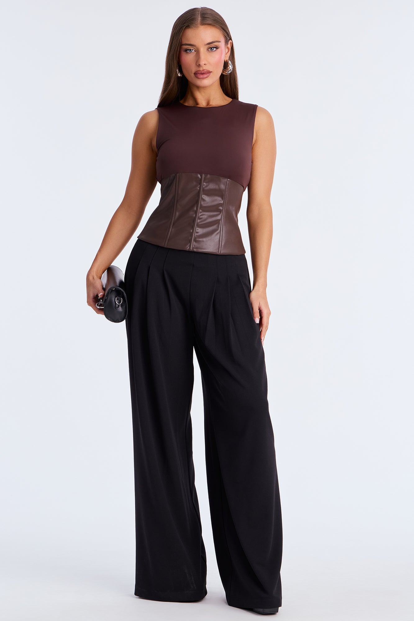 Maneater Corset Waist Sleeveless Top - Brown