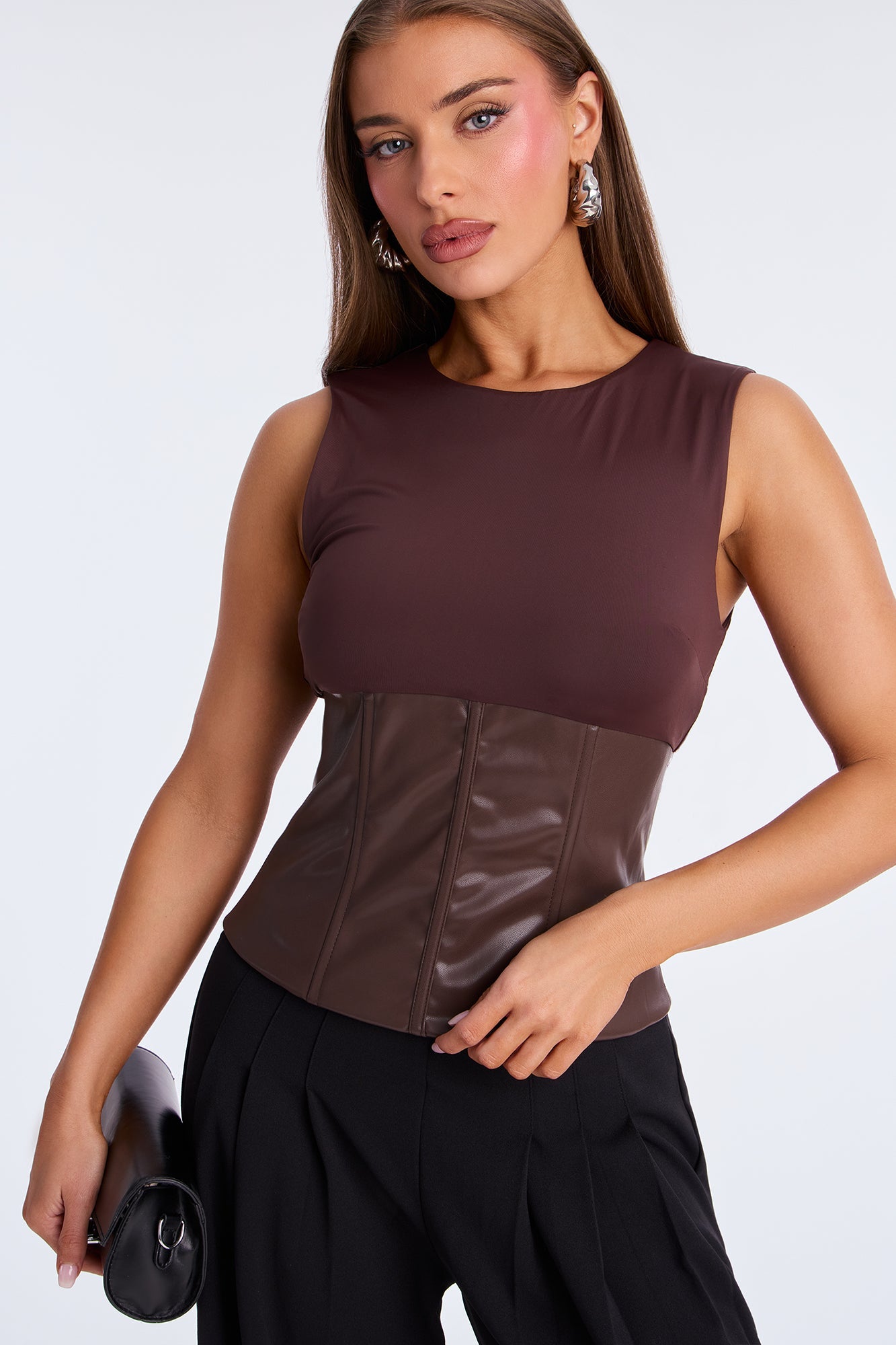Maneater Corset Waist Sleeveless Top - Brown