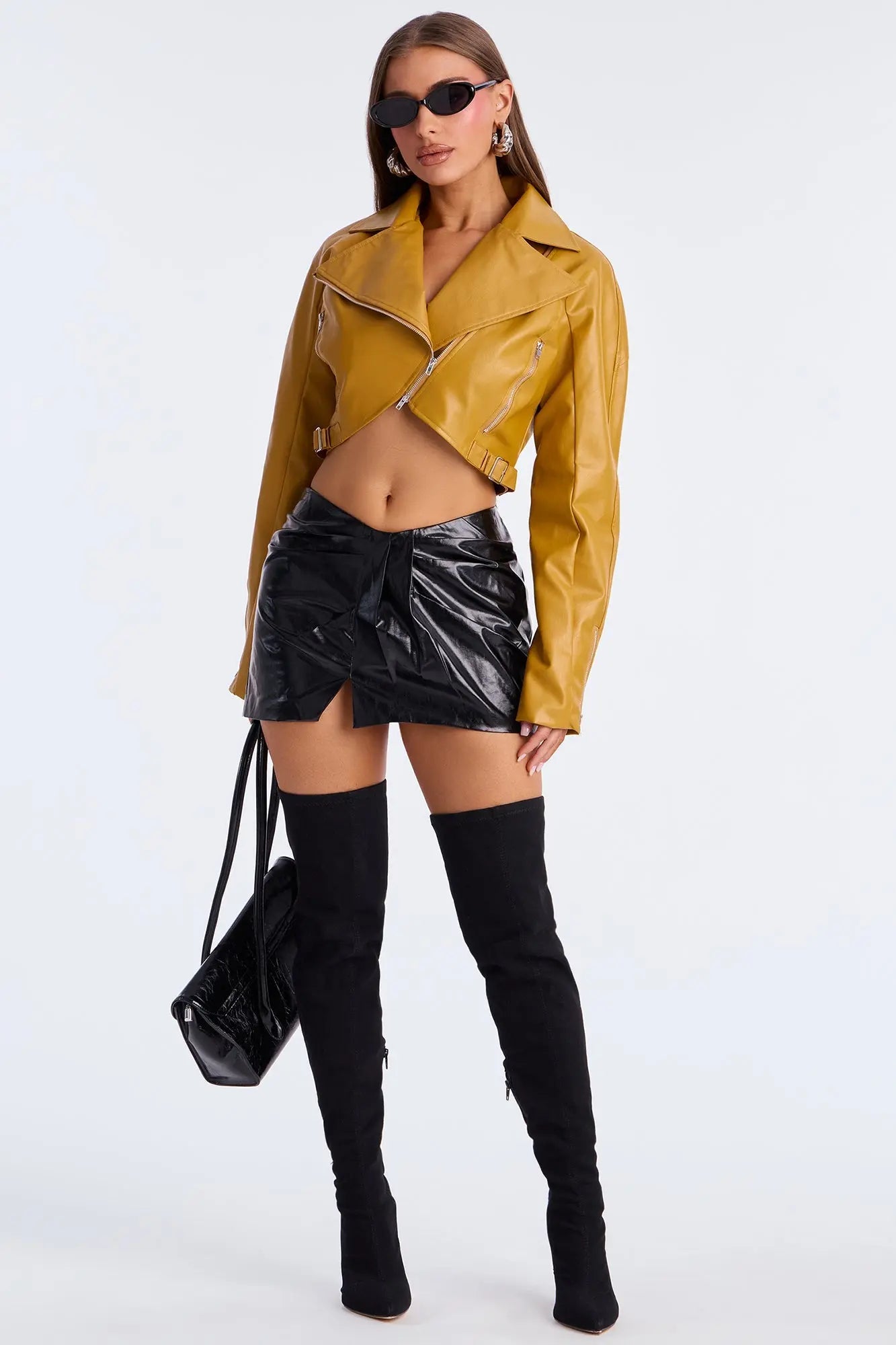 Like A Pro Cropped Faux Leather Moto Jacket - Mustard 