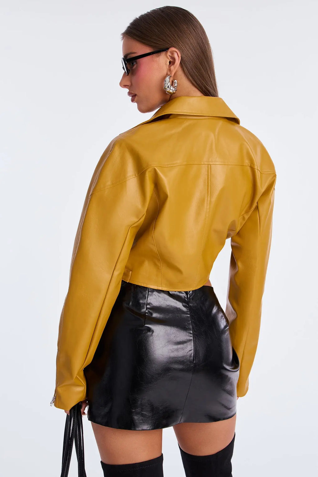 Like A Pro Cropped Faux Leather Moto Jacket - Mustard 