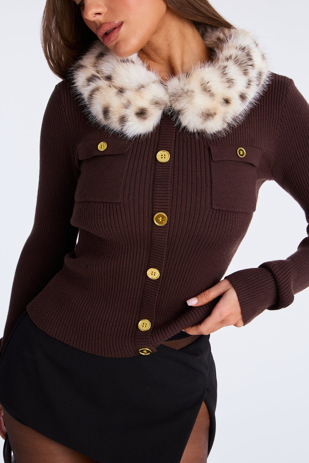 Sundown Leopard Faux Fur Trim Sweater Top - Brown/combo