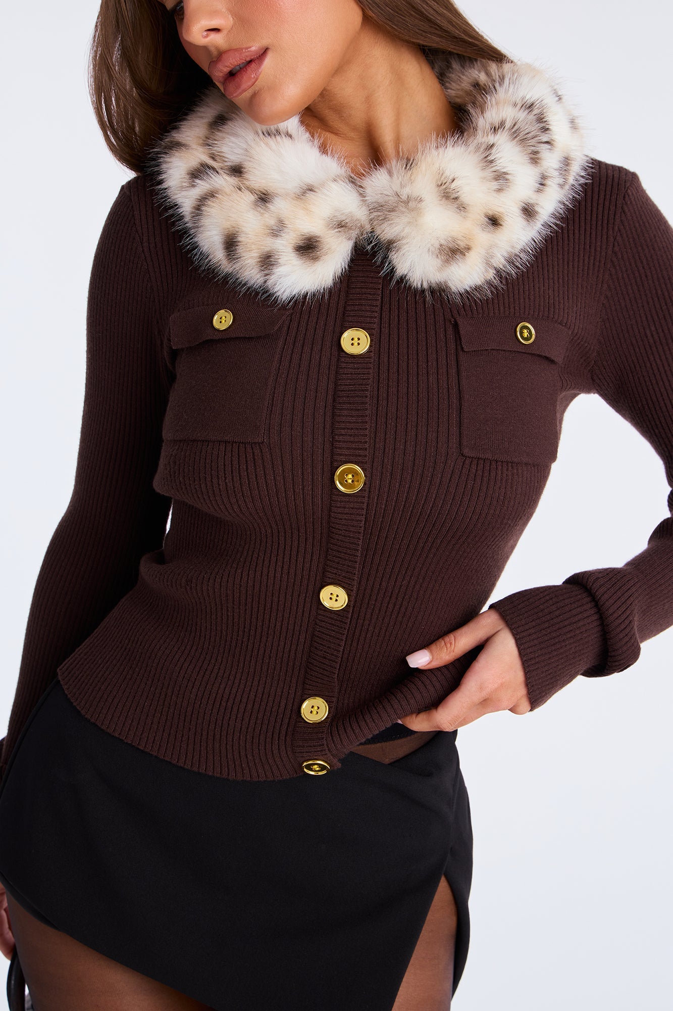 Sundown Leopard Faux Fur Trim Sweater Top - Brown/combo
