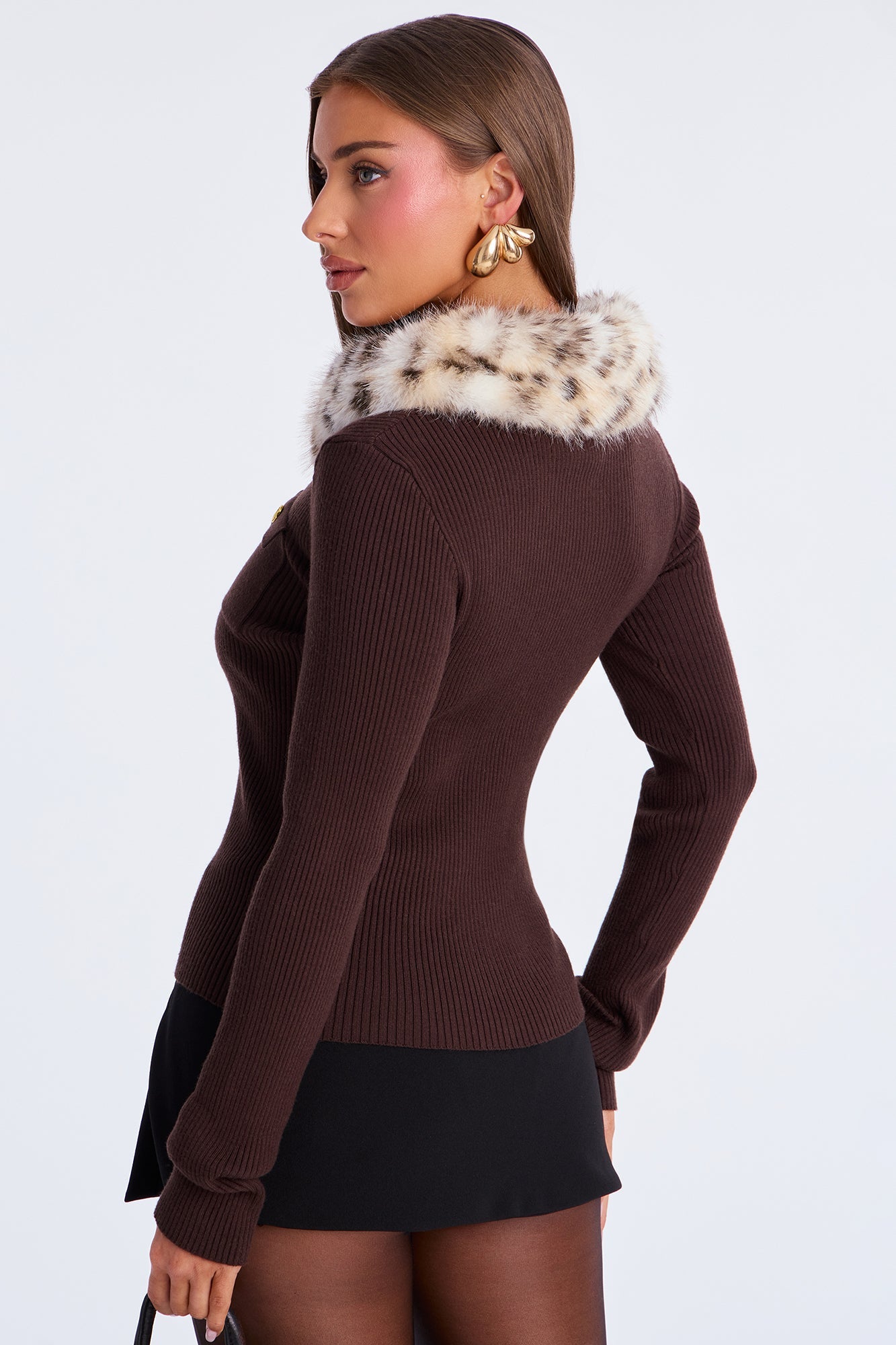 Sundown Leopard Faux Fur Trim Sweater Top - Brown/combo