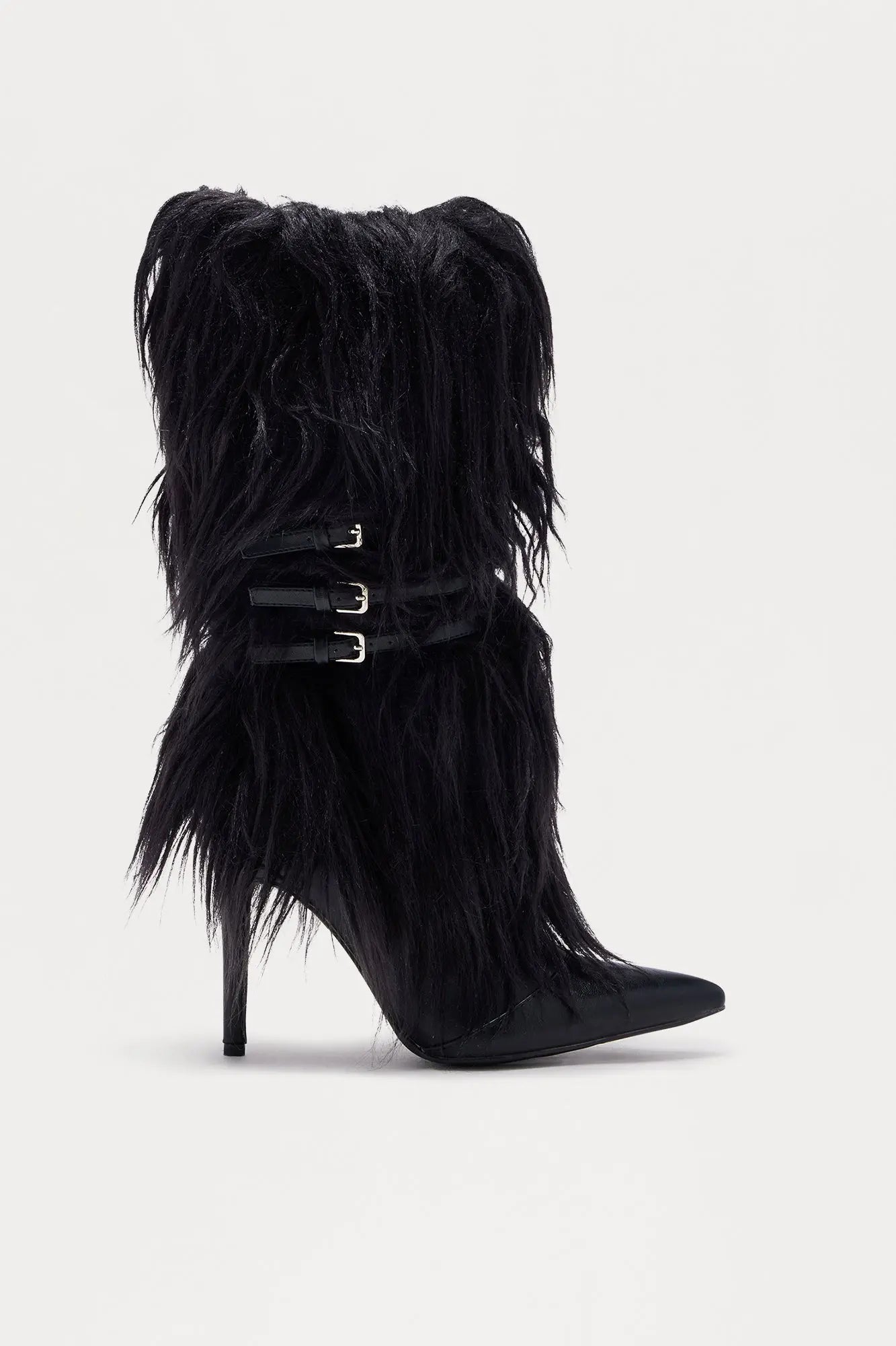 Lambo Faux Fur Knee High Boots - Black 