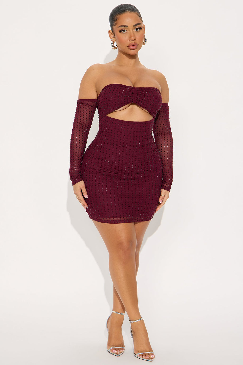 Feminine Aura Rhinestone Mini Dress - Wine