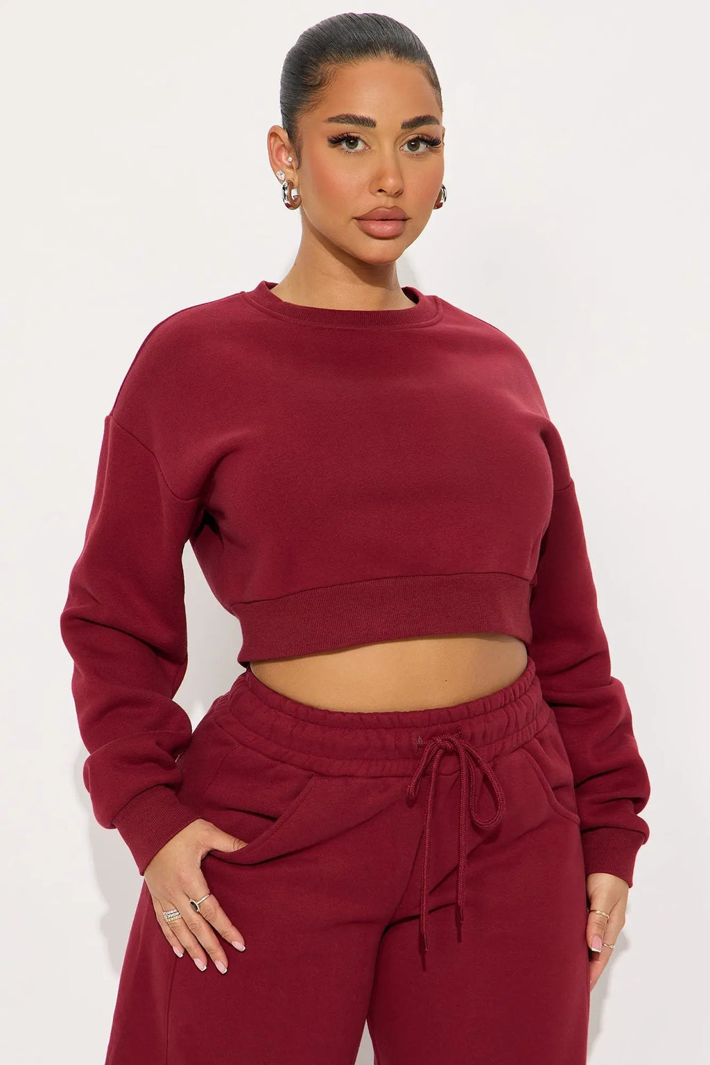 Free Spirit Fleece Barrel leg Pant Set - Wine 
