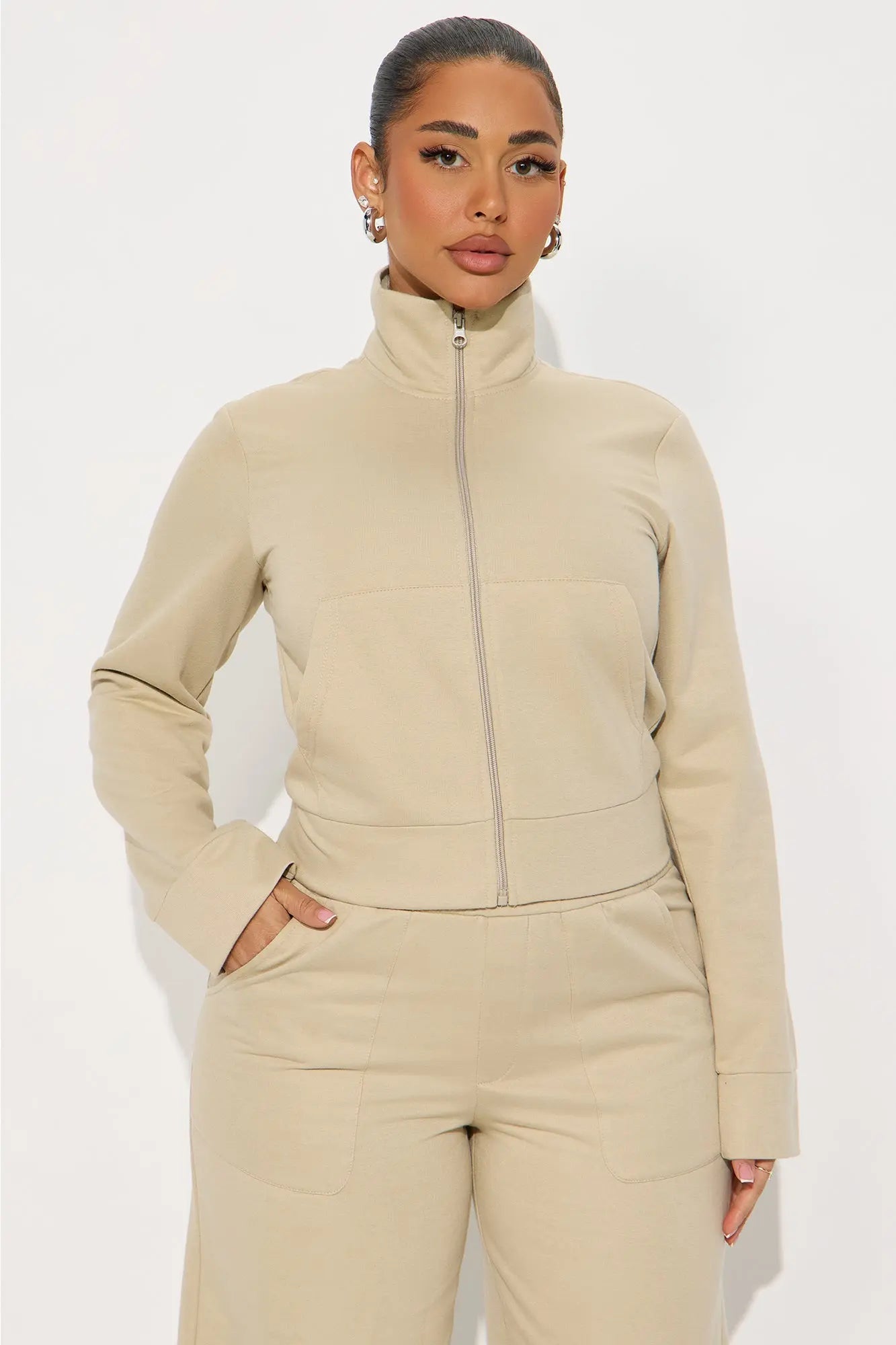 Blake Zip Up Fleece Pant Set - Stone 