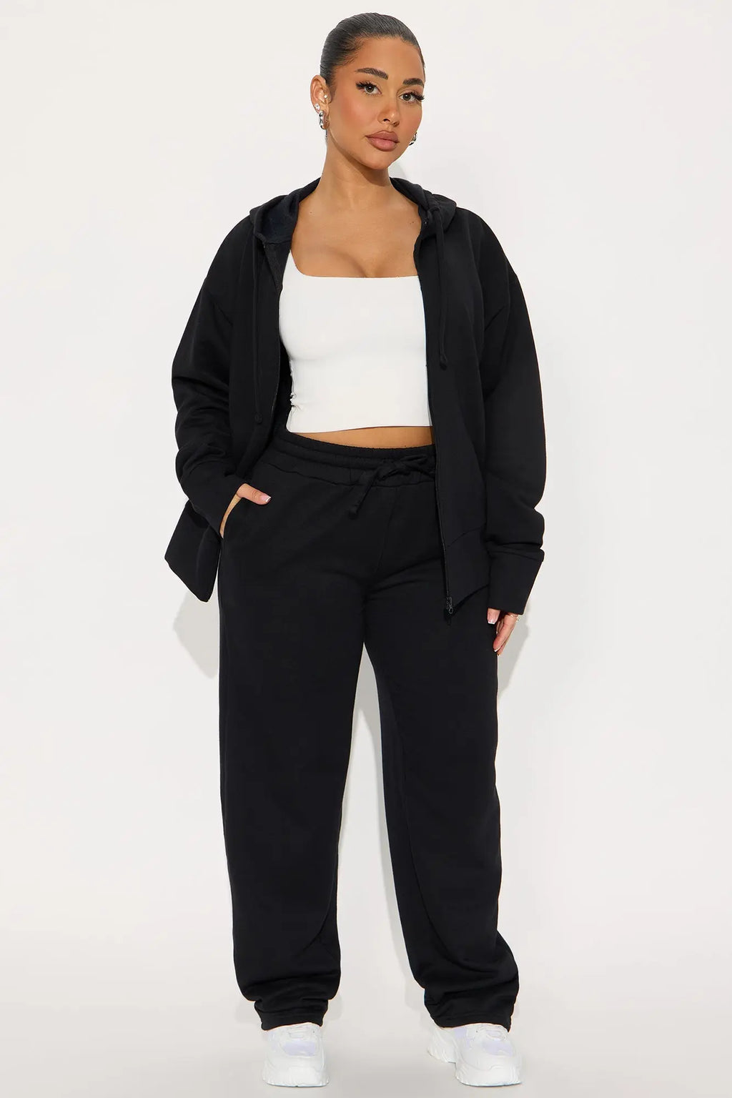 Brooke Oversized Zip Up Fleece Pant Set - Black 