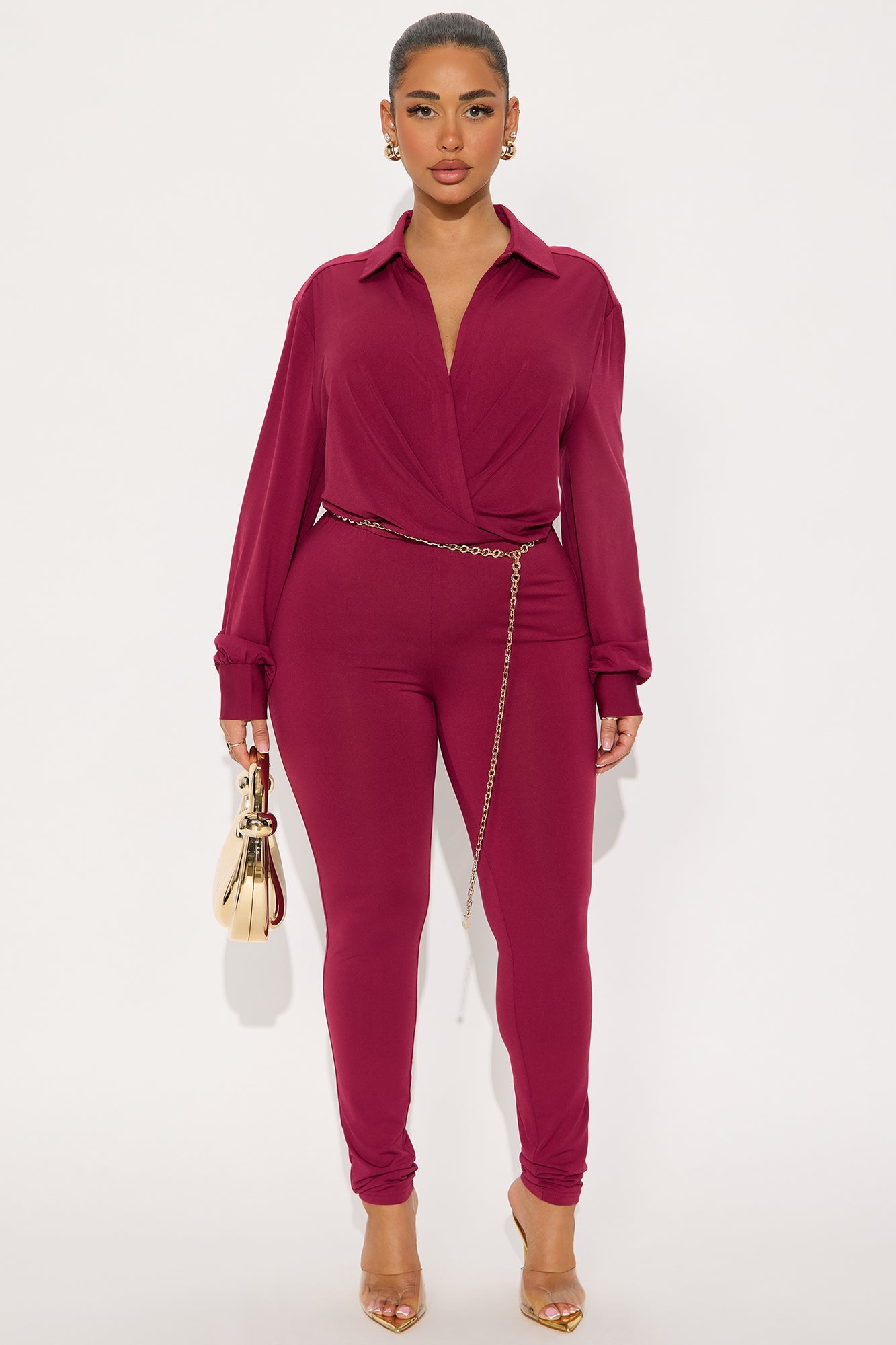 Naya Long Sleeve Skinny Jumpsuit - Burgundy