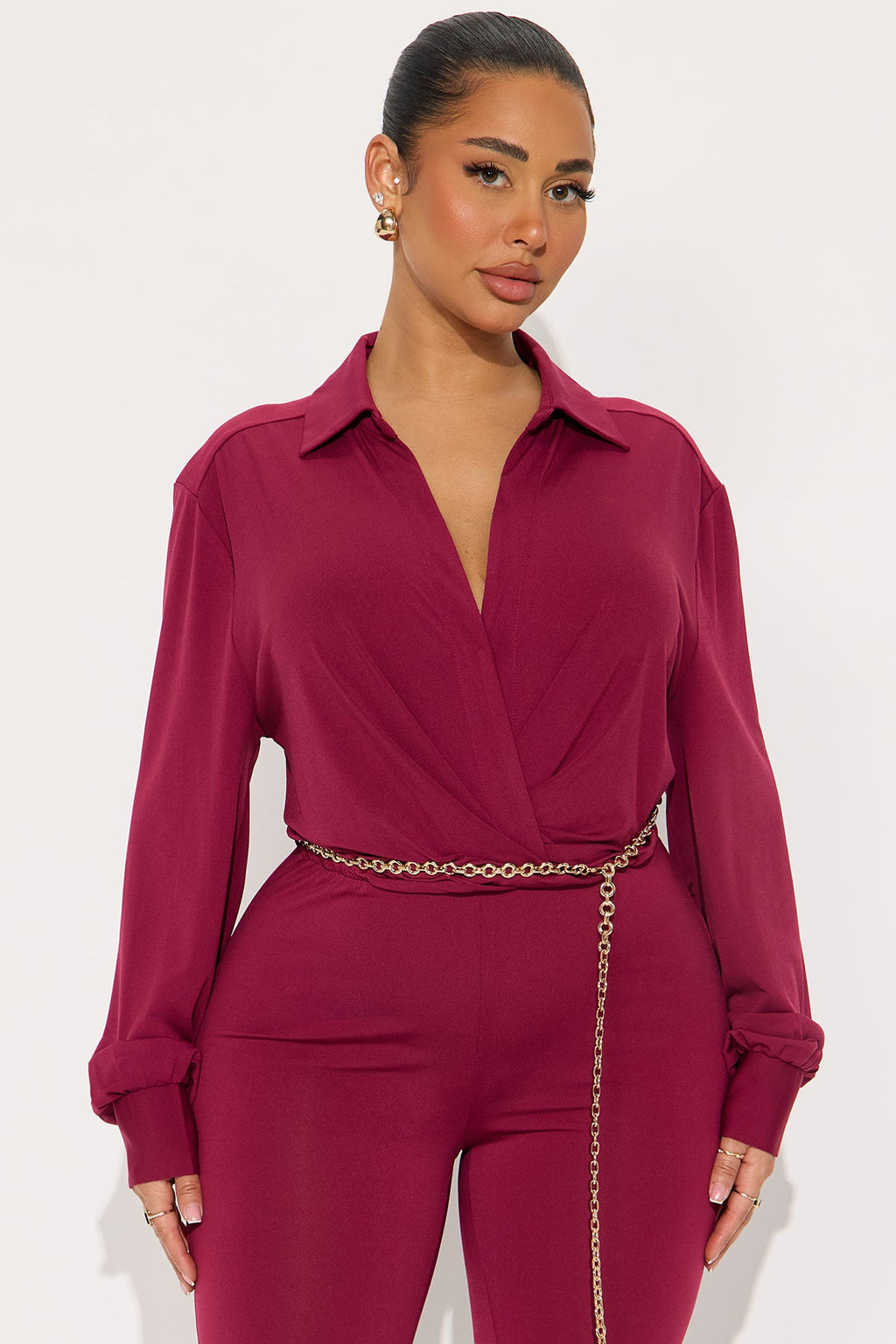 Naya Long Sleeve Skinny Jumpsuit - Burgundy