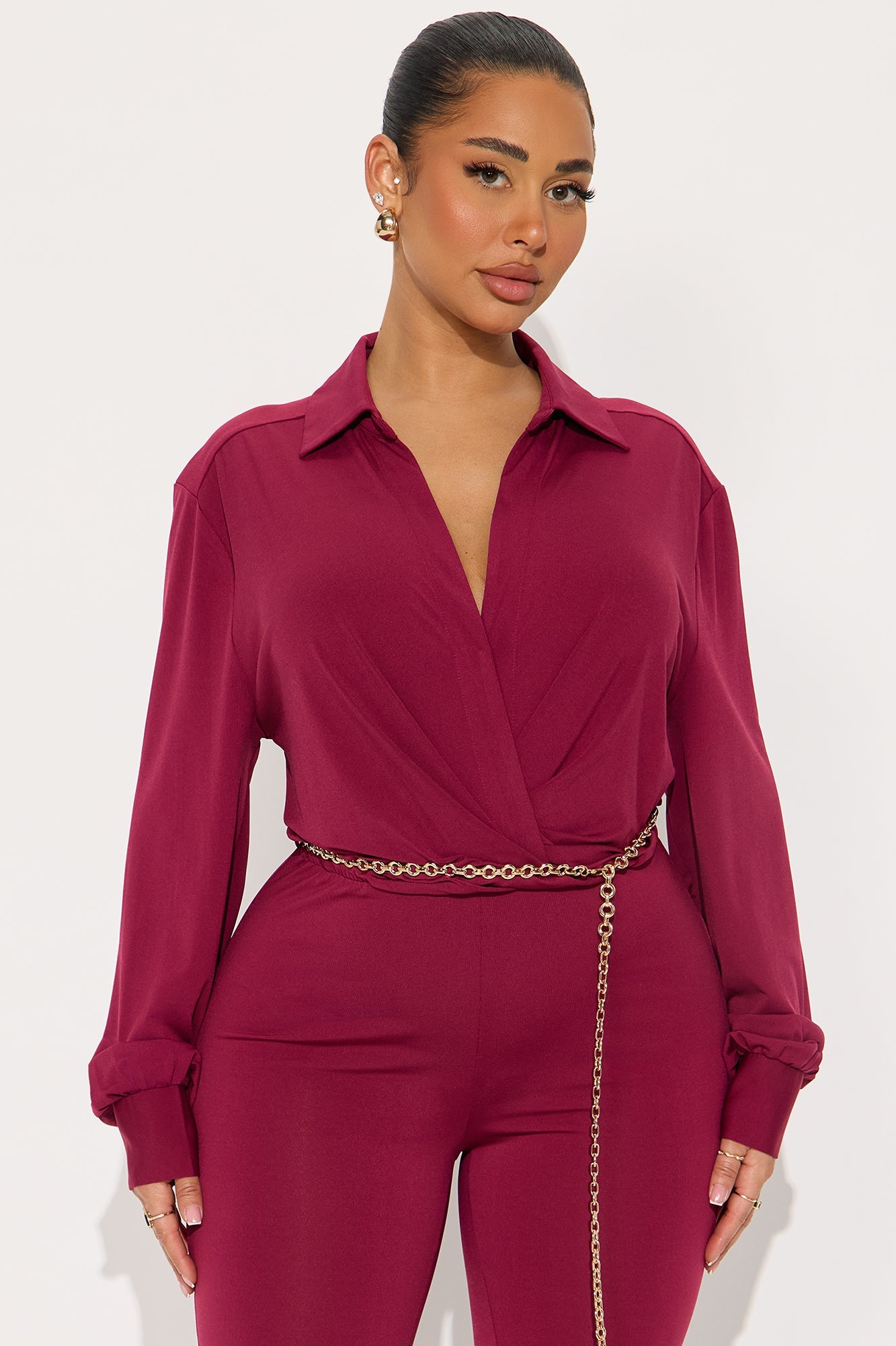 Naya Long Sleeve Skinny Jumpsuit - Burgundy