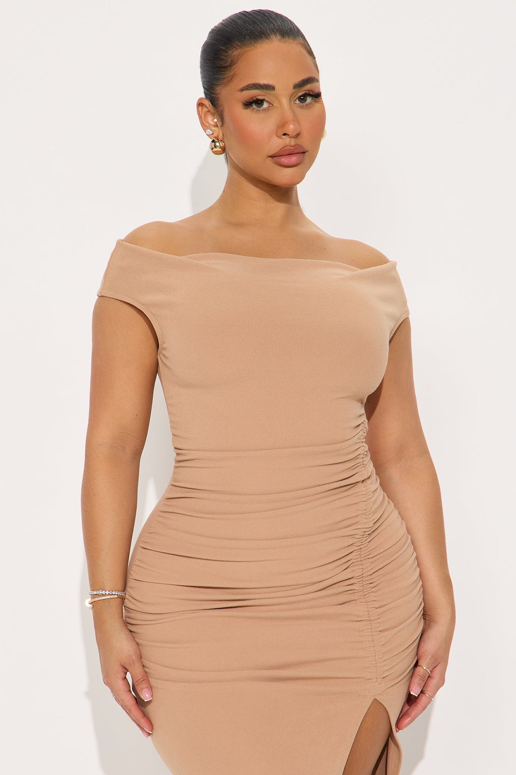 Ashley Off Shoulder Ruched Midi Dress - Mocha