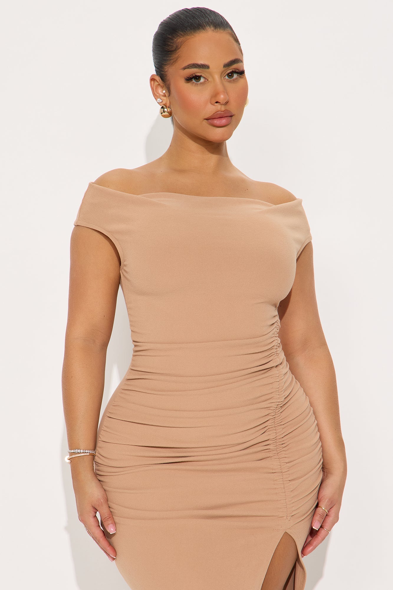 Ashley Off Shoulder Ruched Midi Dress - Mocha