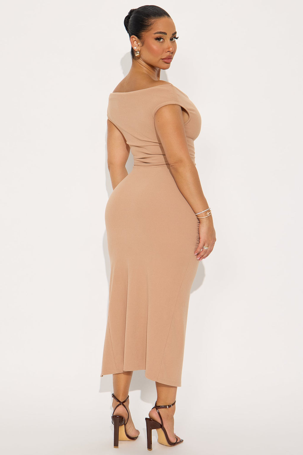 Ashley Off Shoulder Ruched Midi Dress - Mocha