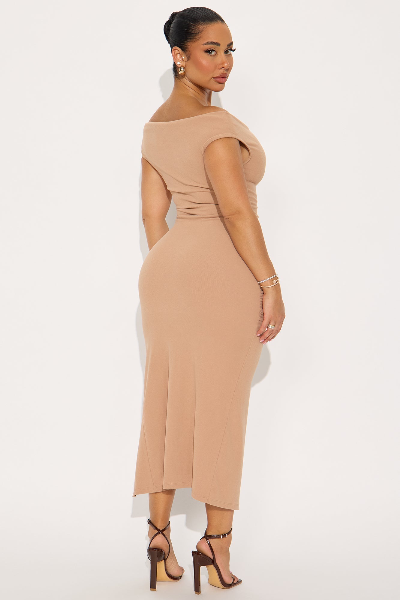 Ashley Off Shoulder Ruched Midi Dress - Mocha