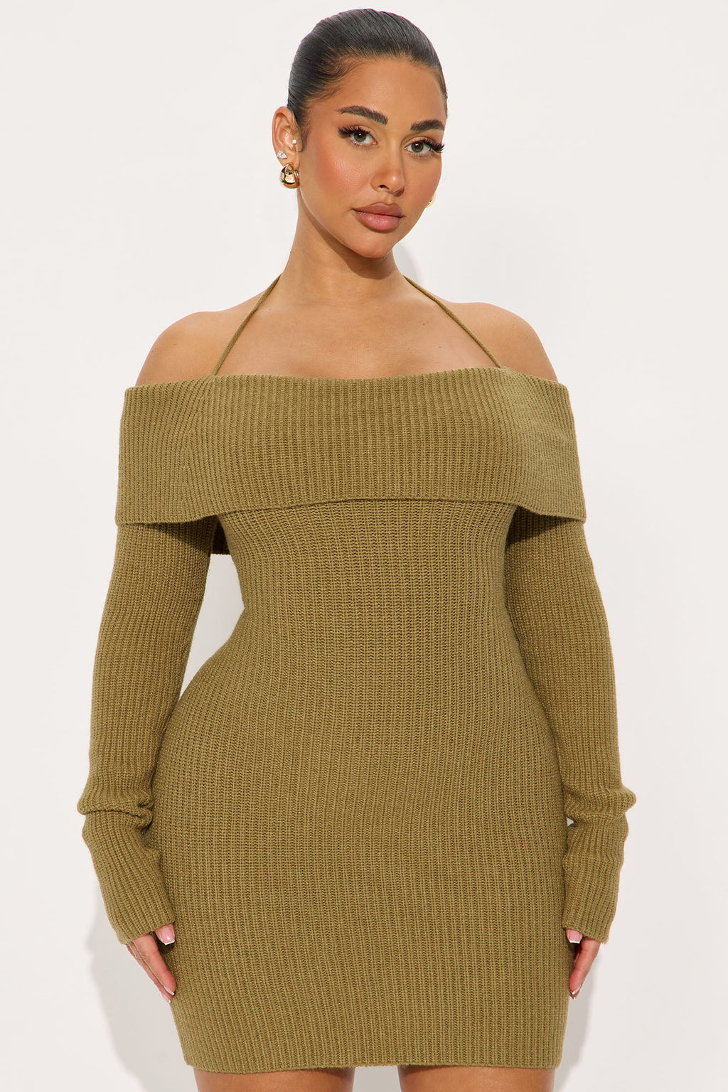 Hannah Open Back Sweater Mini Dress - Olive