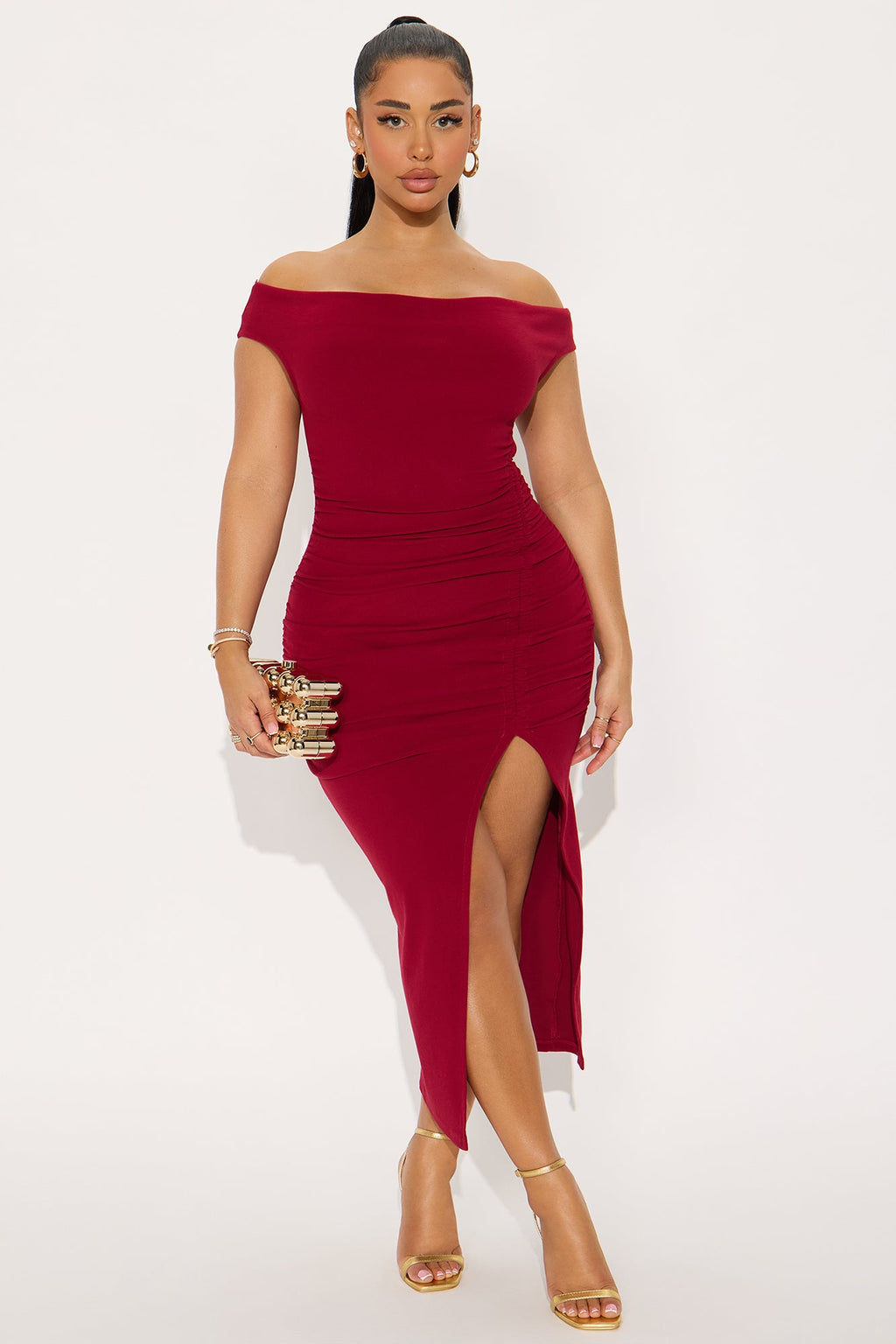 Ashley Off Shoulder Ruched Midi Dress - DarkRed